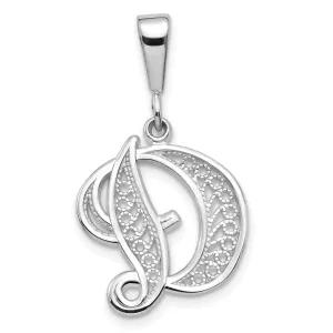 10K White Gold Filigree Initial D Pendant with Polished Rhodium Finish