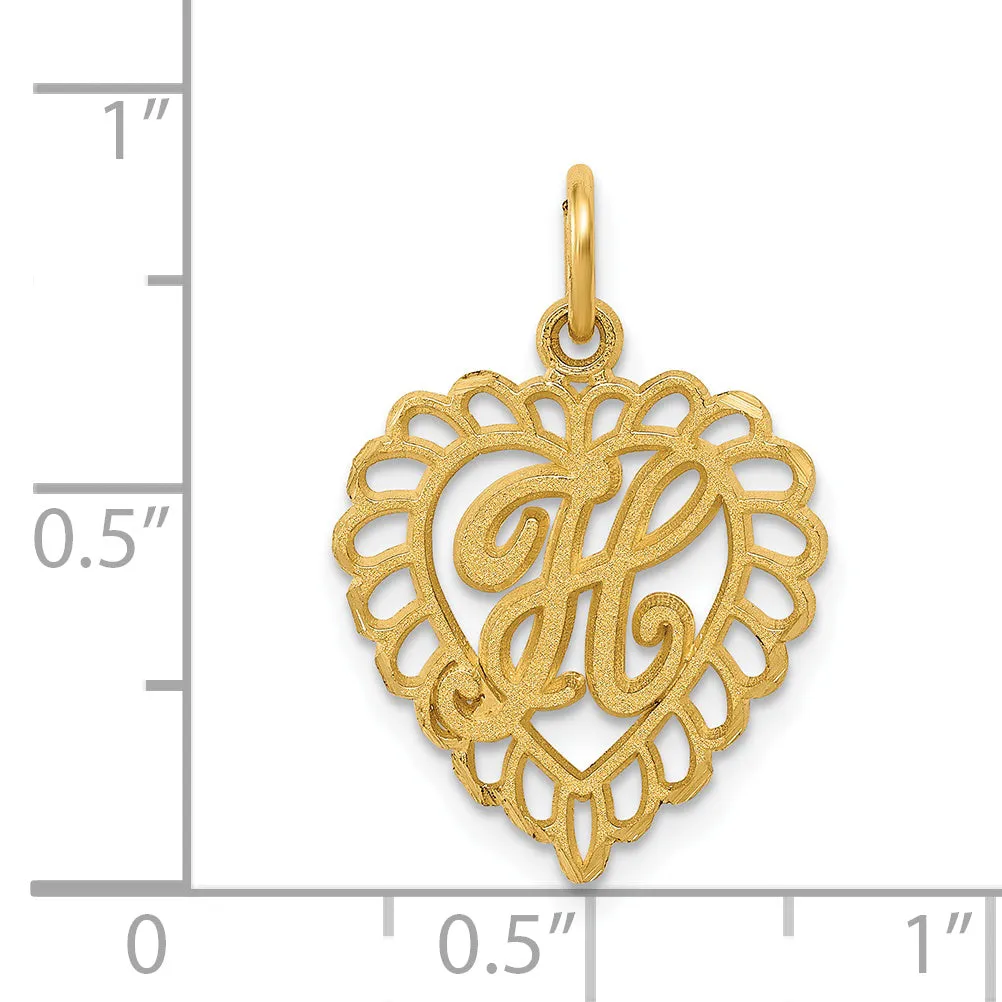 14K Gold Heart-Shaped Letter H Charm with Diamond-Cut Sandblasted Finish