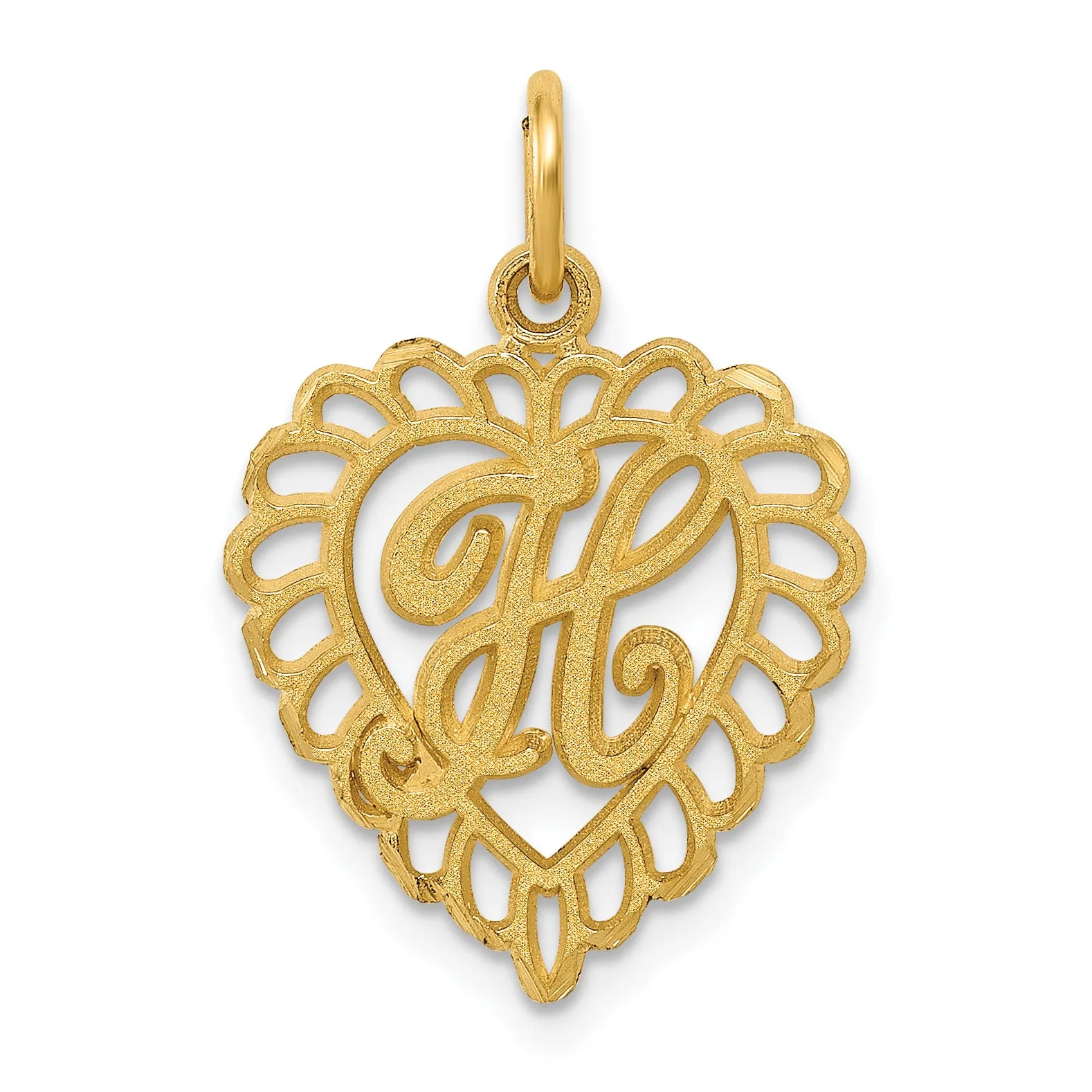 14K Gold Heart-Shaped Letter H Charm with Diamond-Cut Sandblasted Finish