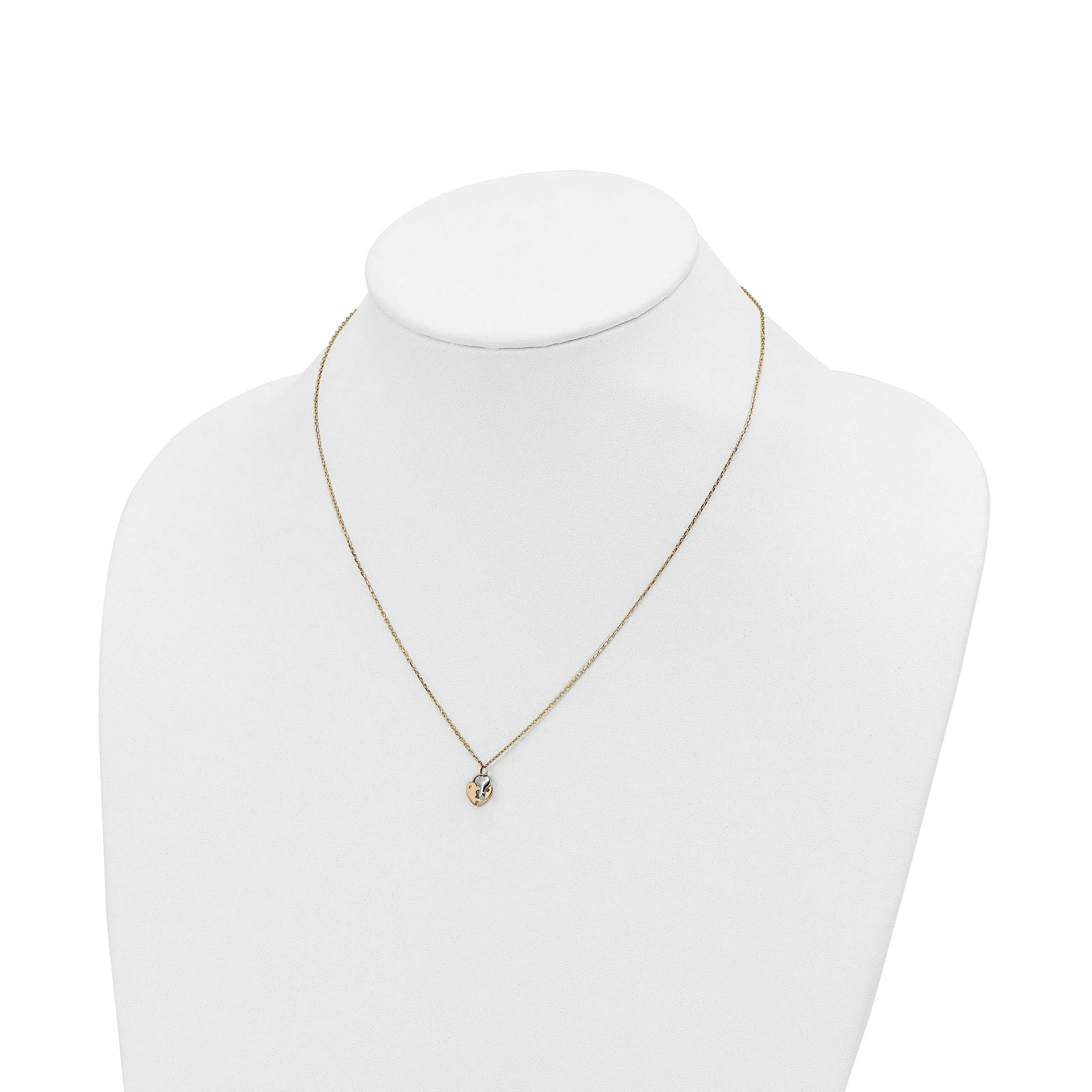 14k Two Tone Gold Polished Finish Heart Lock Shape and Key Design in a 18-inch Cable Chain Necklace