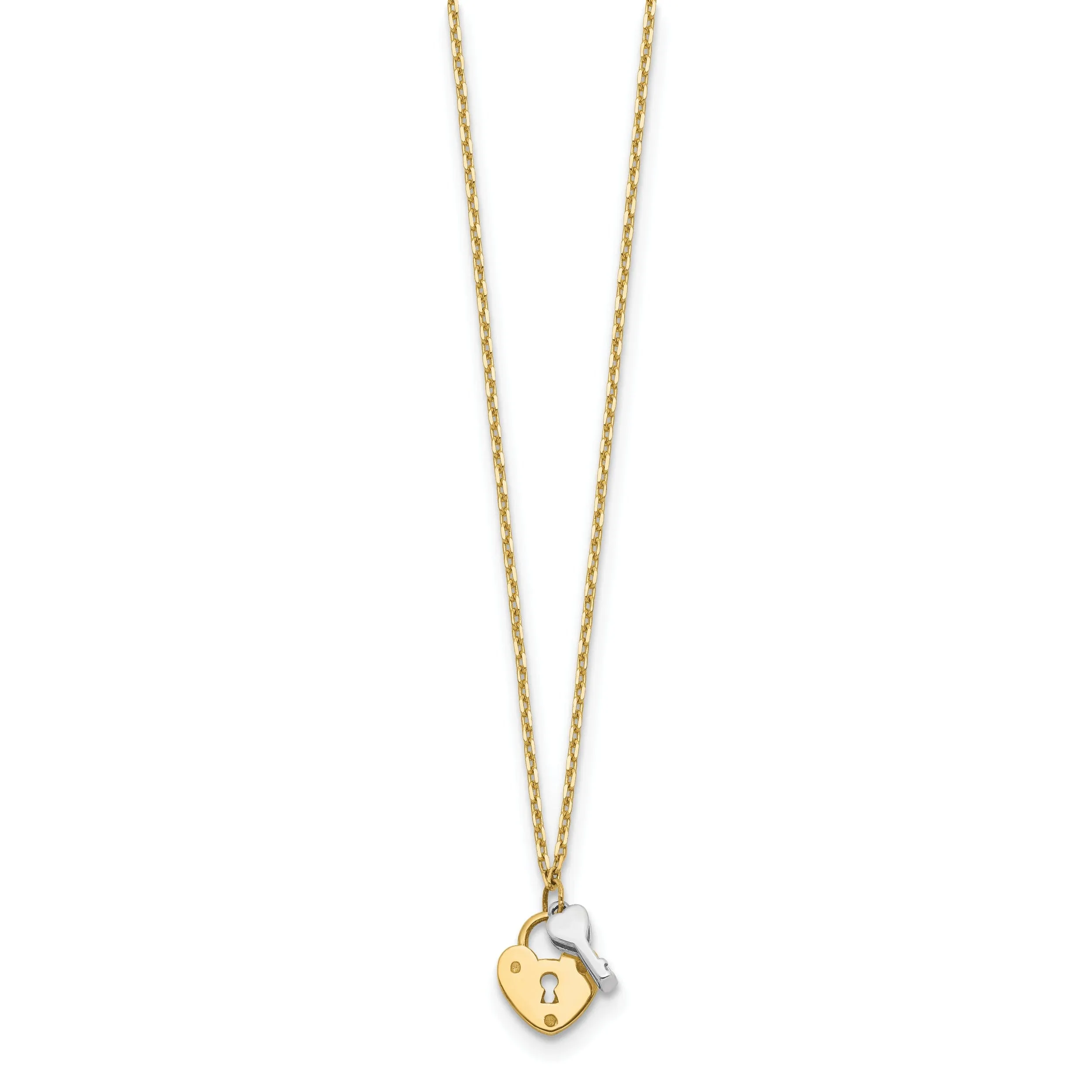 14k Two Tone Gold Polished Finish Heart Lock Shape and Key Design in a 18-inch Cable Chain Necklace