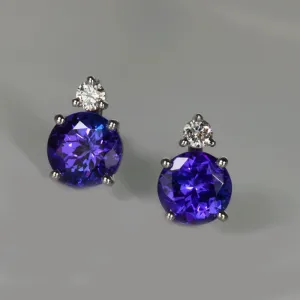 14K White Gold Round Tanzanite and Diamond Stud Earrings 2.12cts