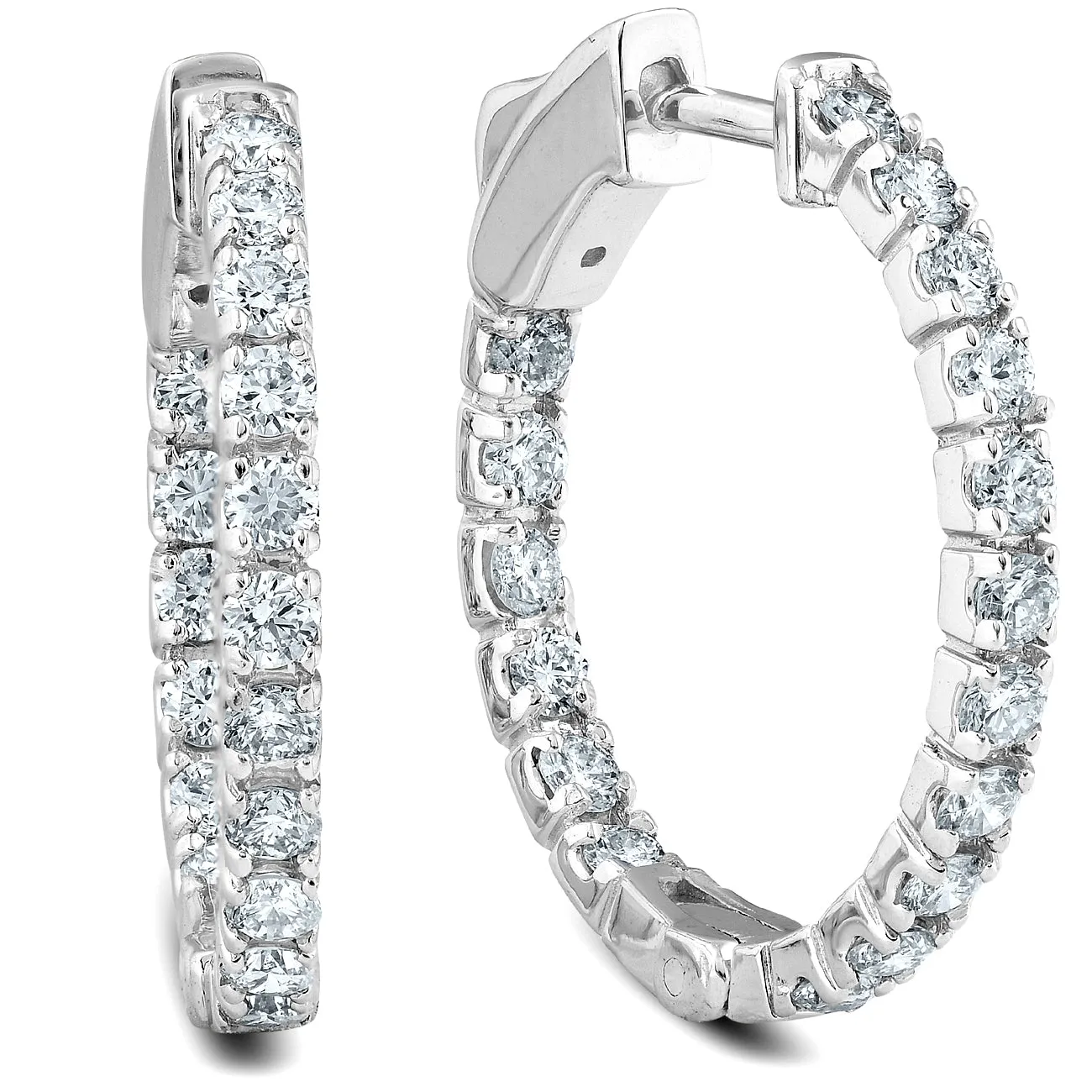 14k White or Yellow Gold 1Ct TW Round Natural Diamond Hoops 1" Tall
