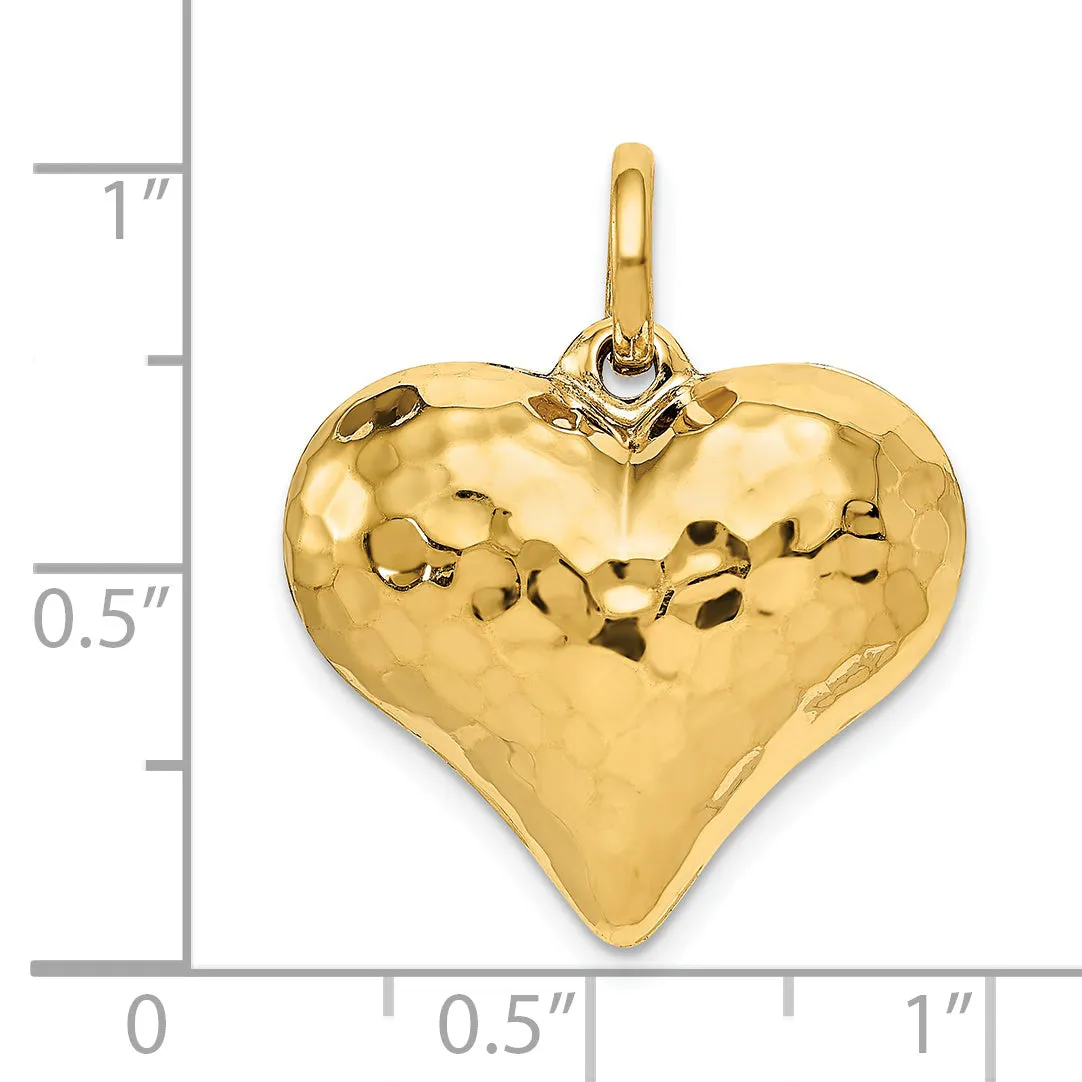14k Yellow Gold Polished Hammered 3-D Puffed Heart Pendant