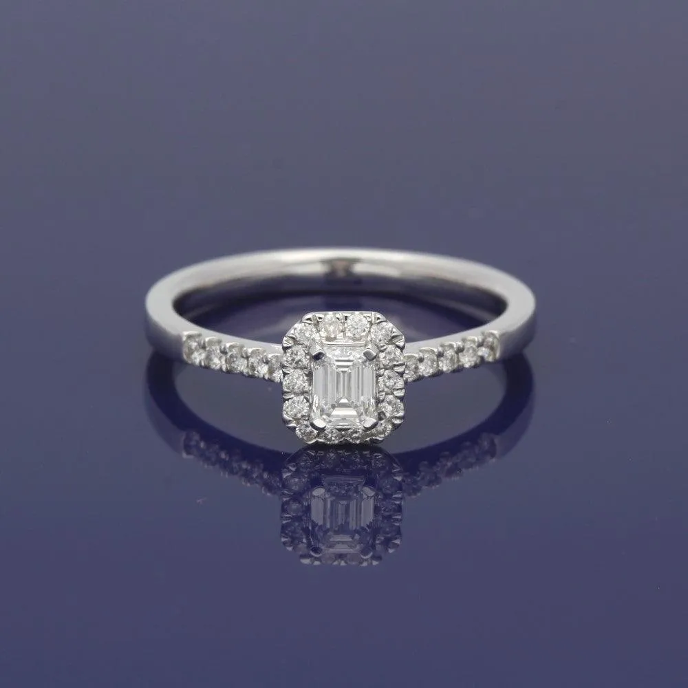 18ct White Gold Certificated Emerald Cut Diamond Halo Ring