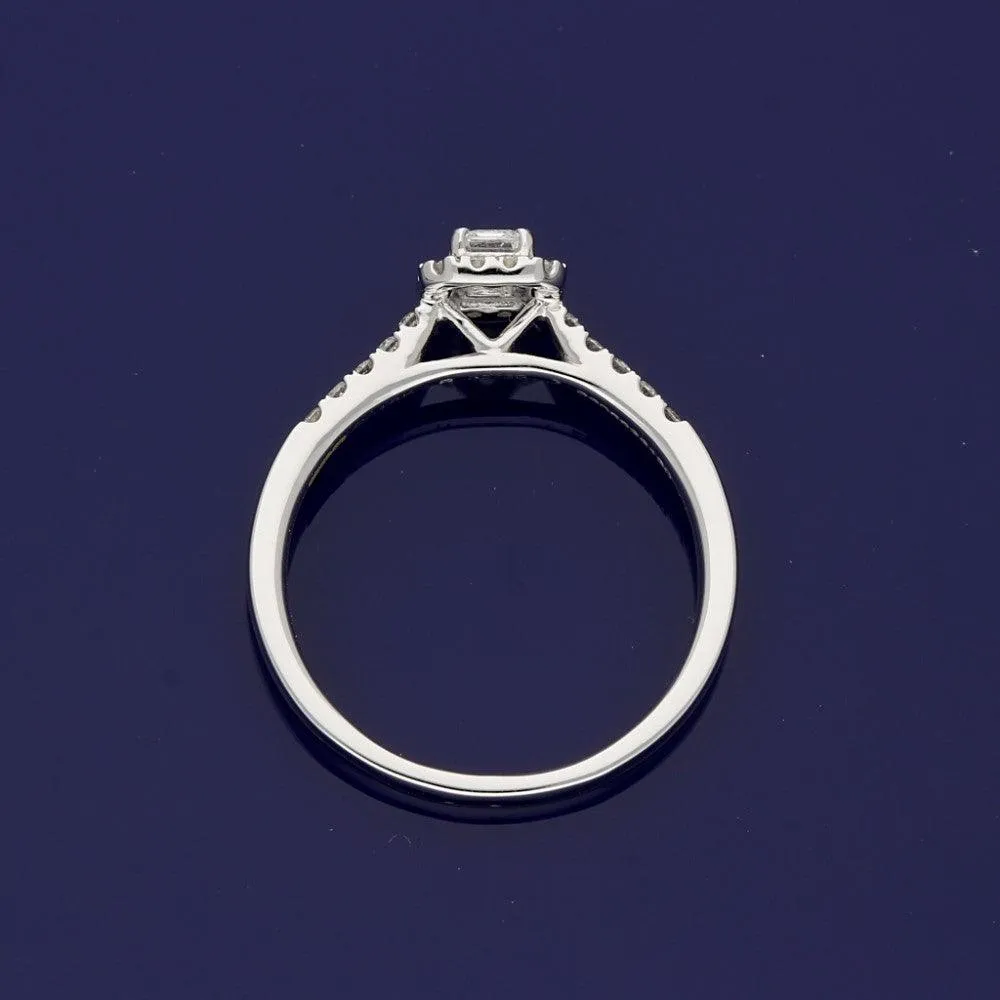 18ct White Gold Certificated Emerald Cut Diamond Halo Ring