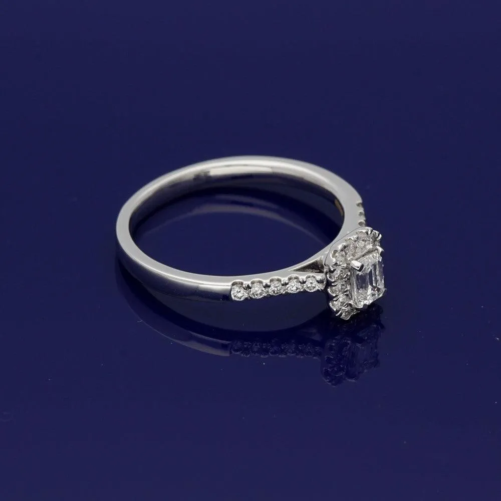 18ct White Gold Certificated Emerald Cut Diamond Halo Ring