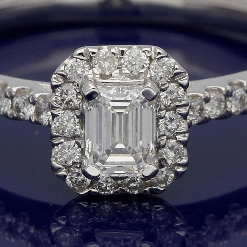 18ct White Gold Certificated Emerald Cut Diamond Halo Ring