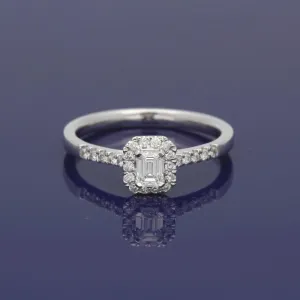 18ct White Gold Certificated Emerald Cut Diamond Halo Ring