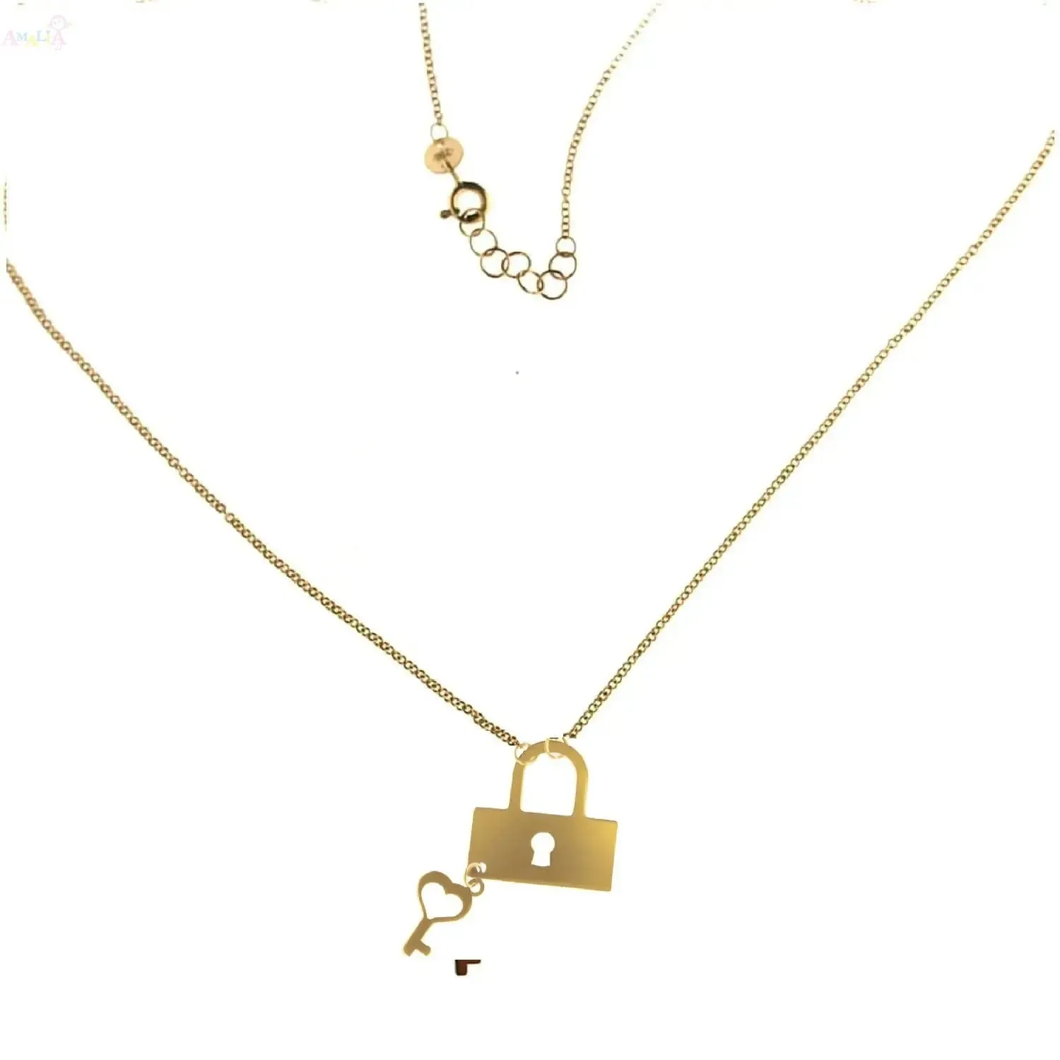 18K Solid Yellow Gold Polished Lock and Key Necklace