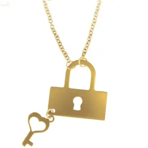 18K Solid Yellow Gold Polished Lock and Key Necklace