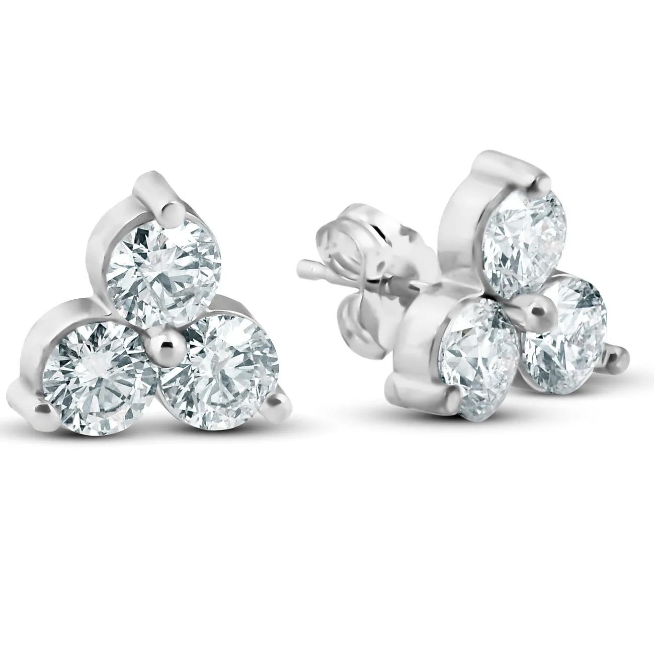 1ct Three Stone Diamond Studs 14K White Gold