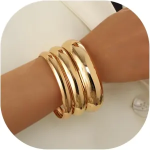 3PCS Gold Chunky Bangle Bracelets for Women Trendy Minimalist Statement Bangle Bracelets Set Wide Chunky Cuff Bangles Bracelet Golden Stackable Bracelet