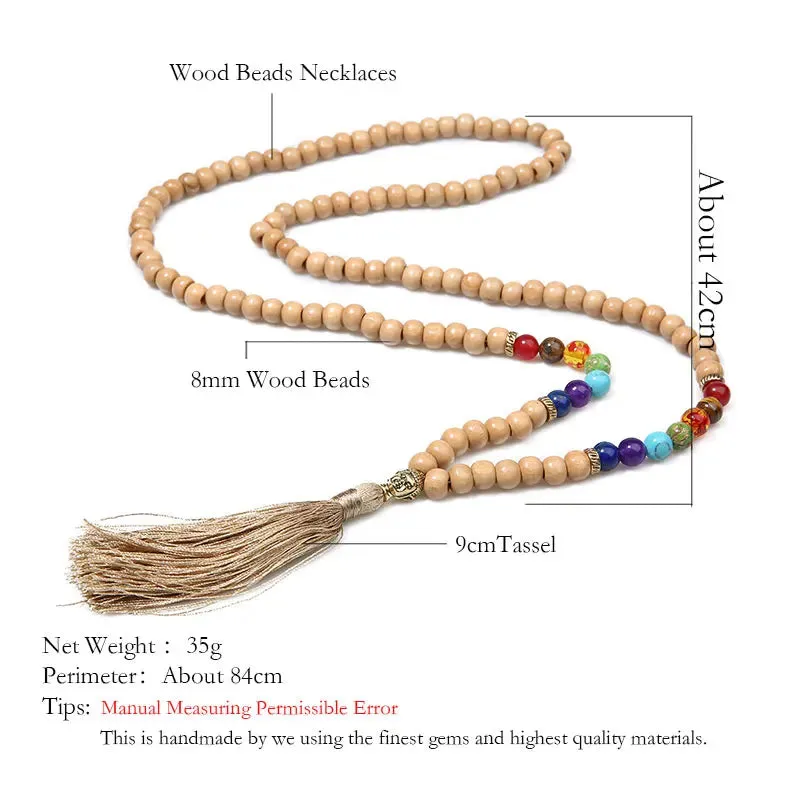8mm Wooden Beads 7 Chakras 108 Mala Necklace Meditation