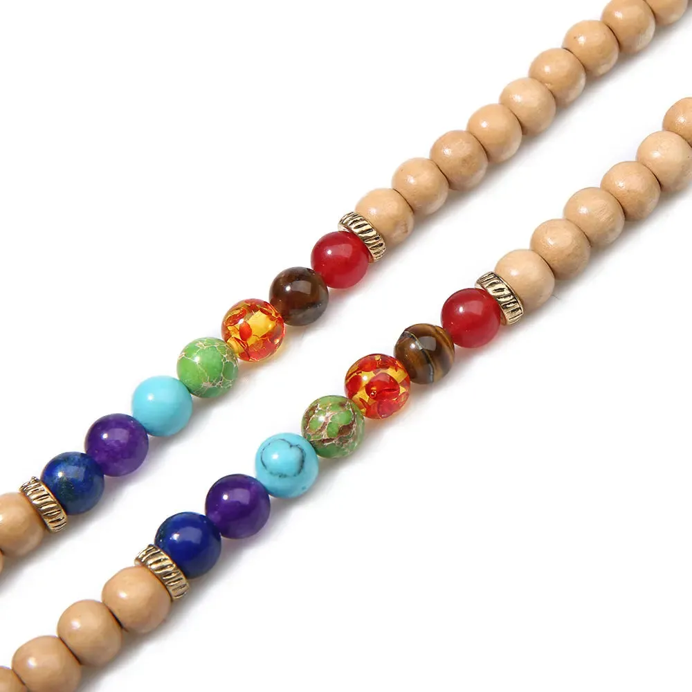 8mm Wooden Beads 7 Chakras 108 Mala Necklace Meditation