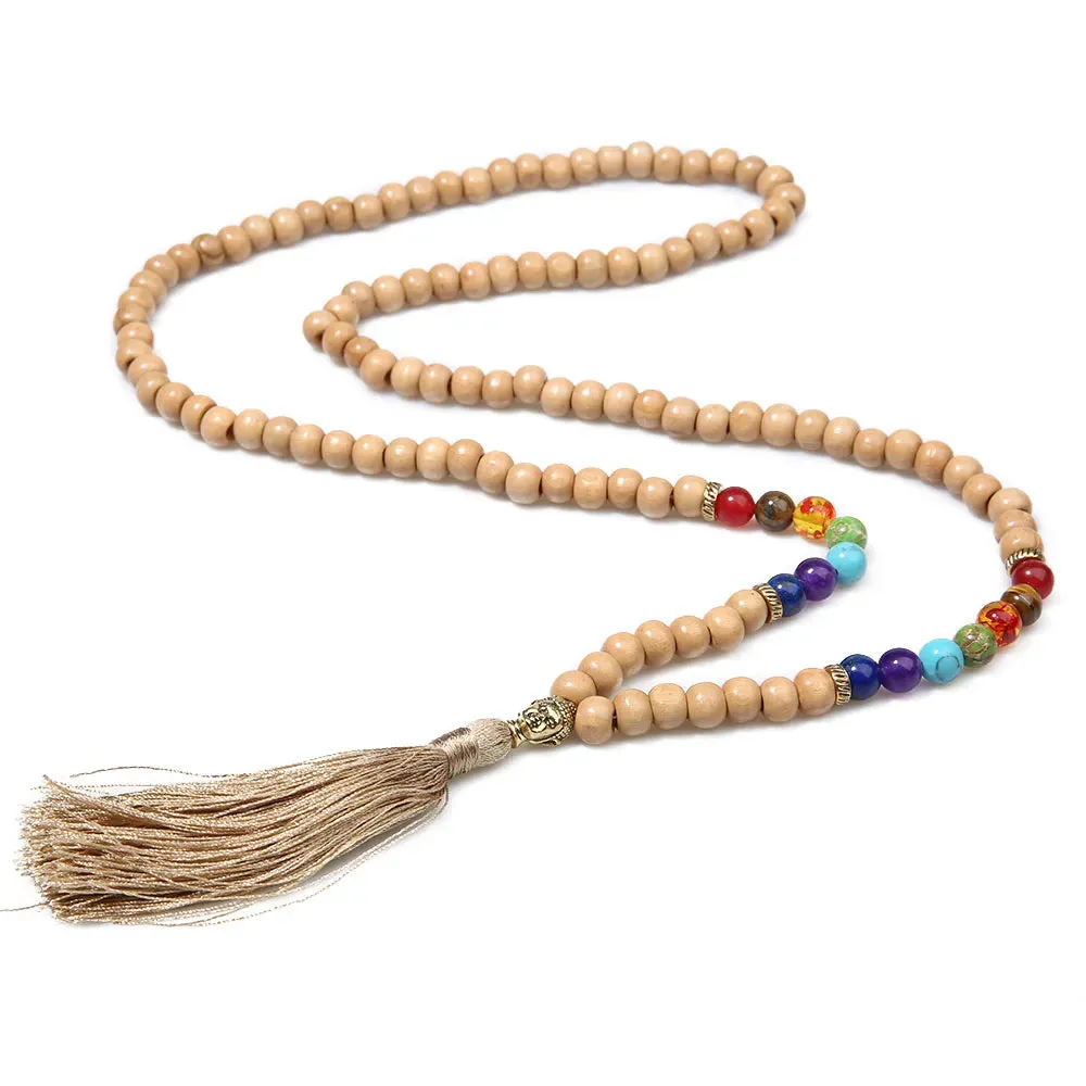 8mm Wooden Beads 7 Chakras 108 Mala Necklace Meditation