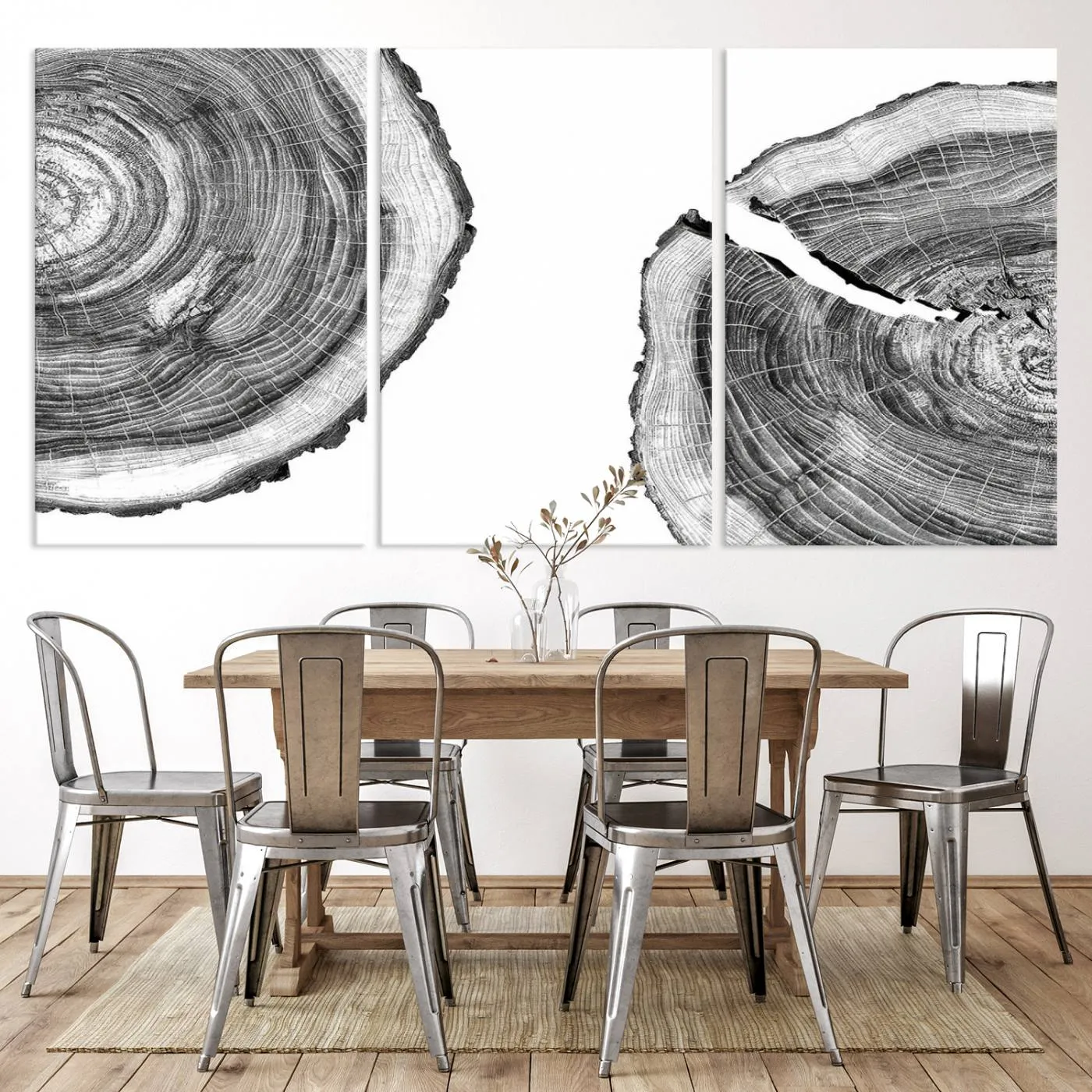Abstract Large Tree Rings – Minimalist Black and White Wood Art | Triptych Canvas, Modern Wall Decor