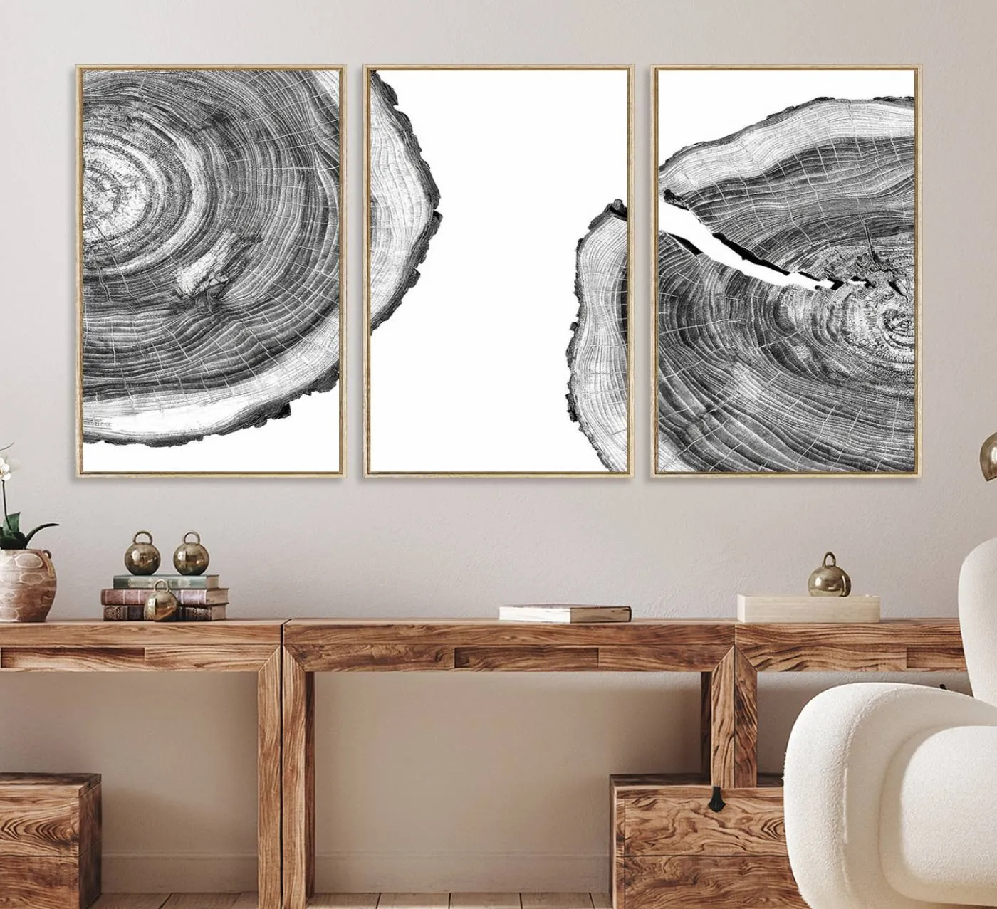Abstract Large Tree Rings – Minimalist Black and White Wood Art | Triptych Canvas, Modern Wall Decor