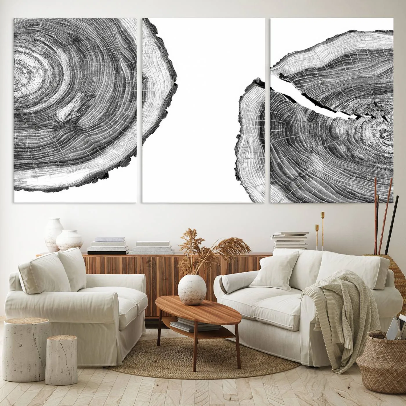 Abstract Large Tree Rings – Minimalist Black and White Wood Art | Triptych Canvas, Modern Wall Decor