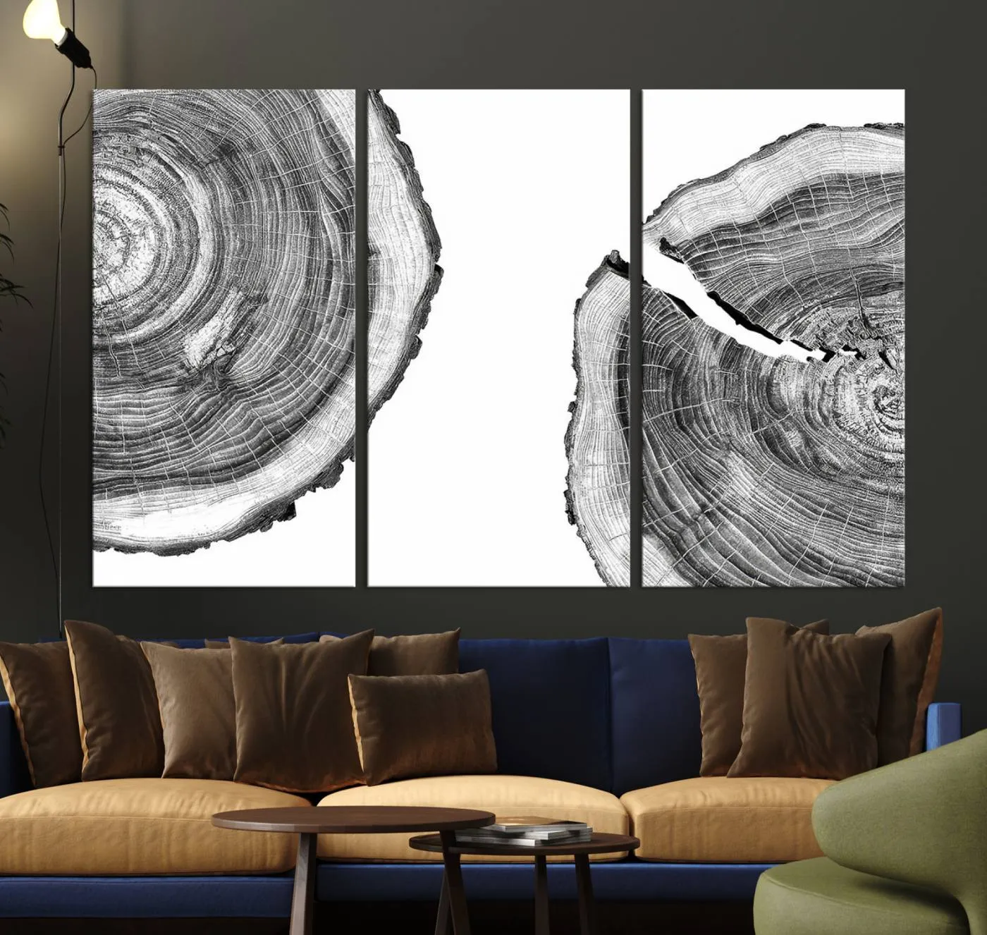 Abstract Large Tree Rings – Minimalist Black and White Wood Art | Triptych Canvas, Modern Wall Decor