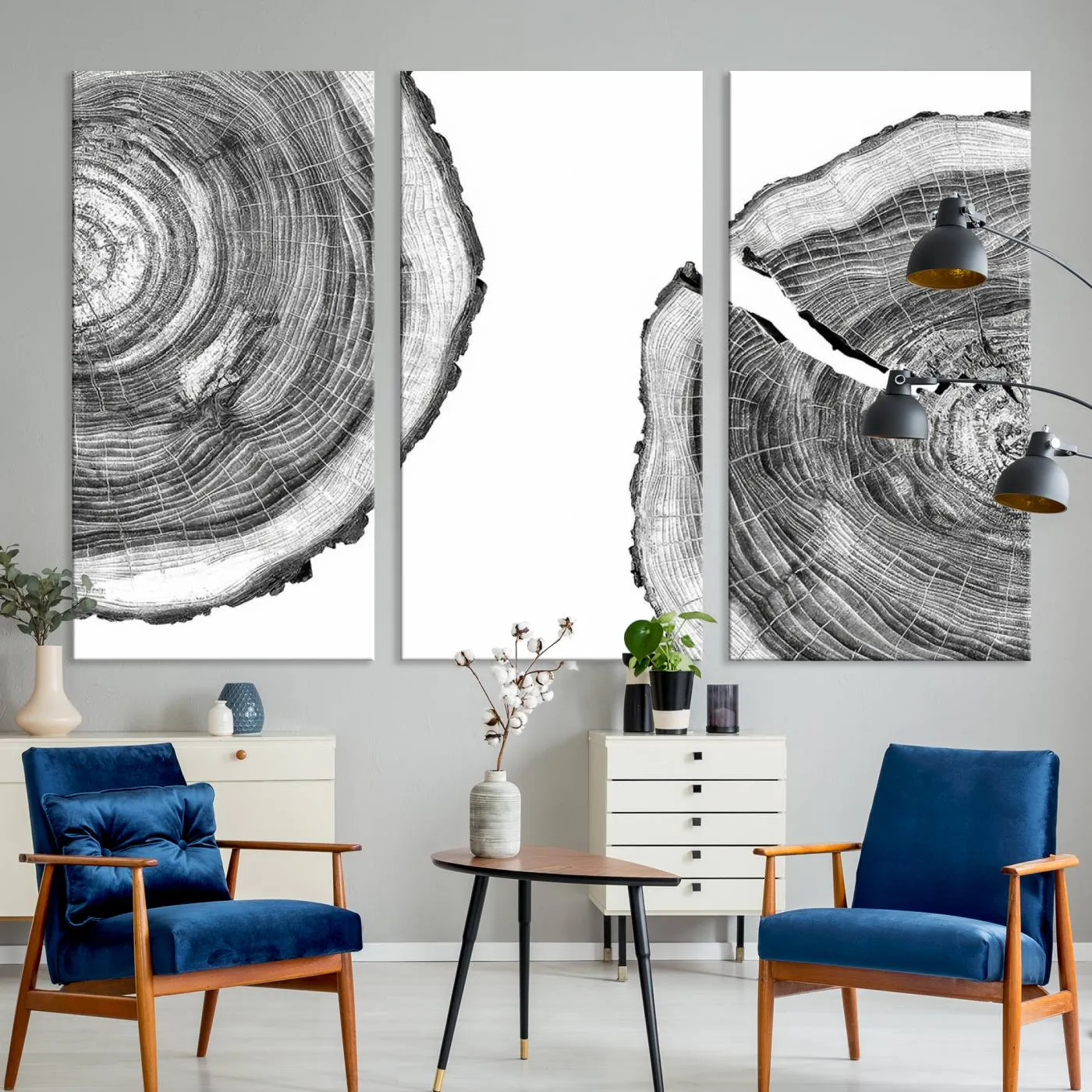 Abstract Large Tree Rings – Minimalist Black and White Wood Art | Triptych Canvas, Modern Wall Decor