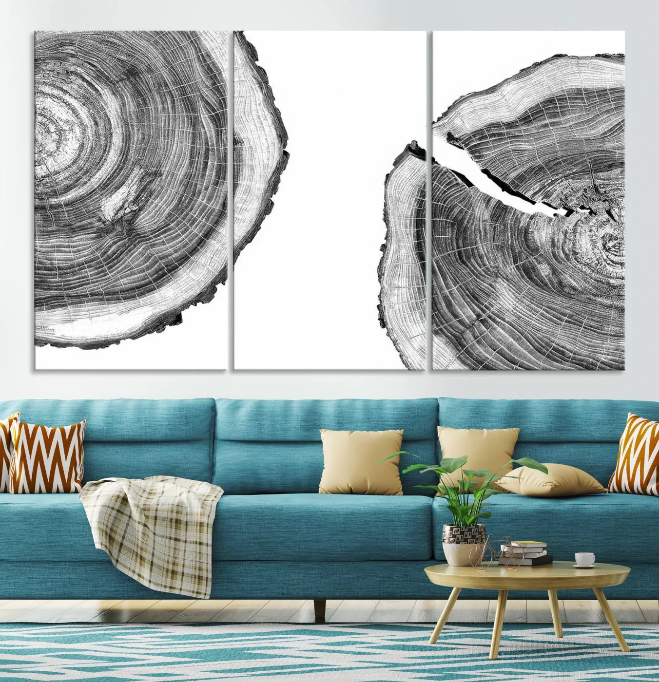 Abstract Large Tree Rings – Minimalist Black and White Wood Art | Triptych Canvas, Modern Wall Decor