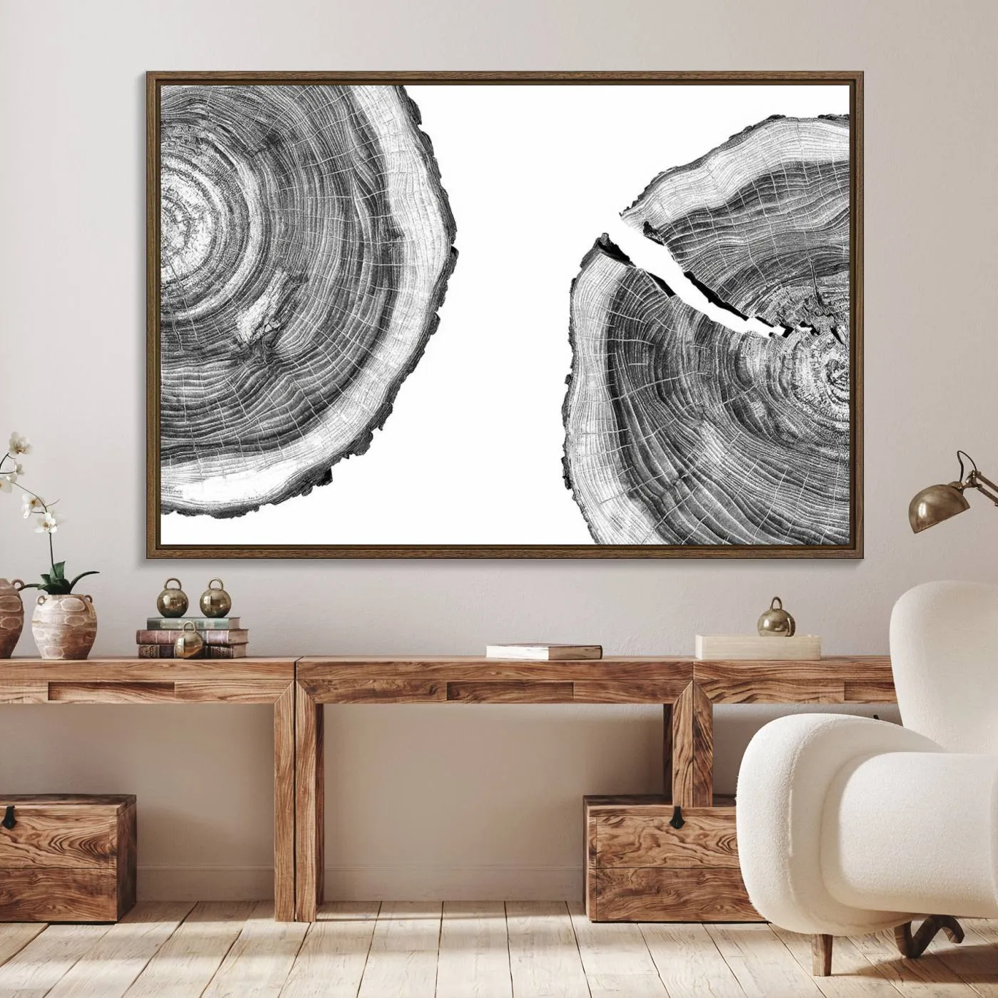 Abstract Large Tree Rings – Minimalist Black and White Wood Art | Triptych Canvas, Modern Wall Decor