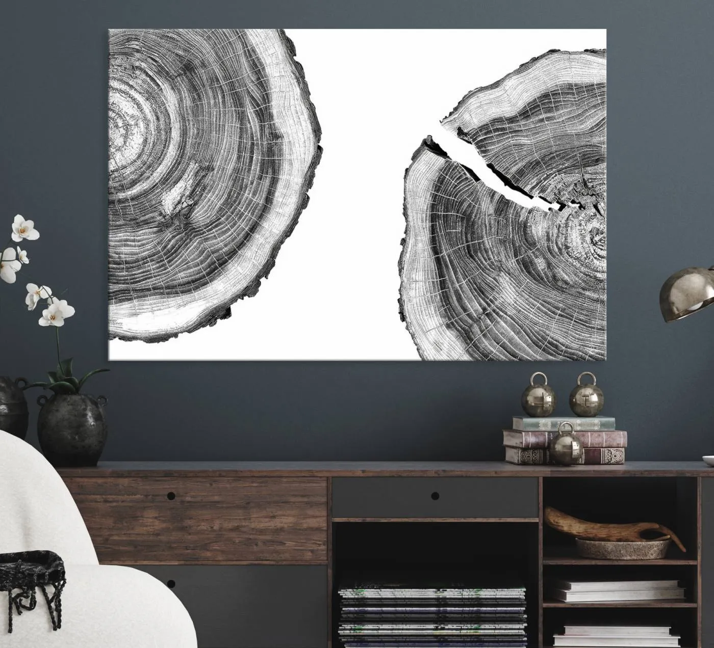 Abstract Large Tree Rings – Minimalist Black and White Wood Art | Triptych Canvas, Modern Wall Decor