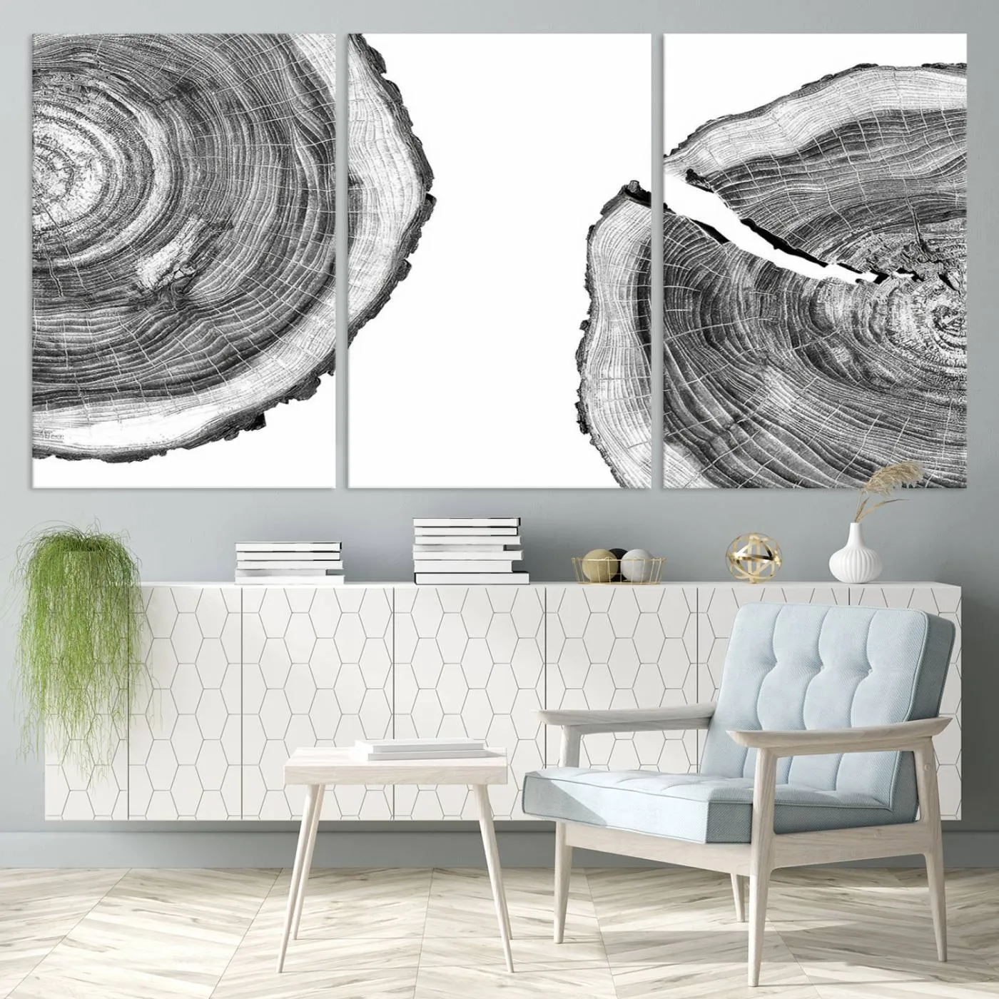 Abstract Large Tree Rings – Minimalist Black and White Wood Art | Triptych Canvas, Modern Wall Decor