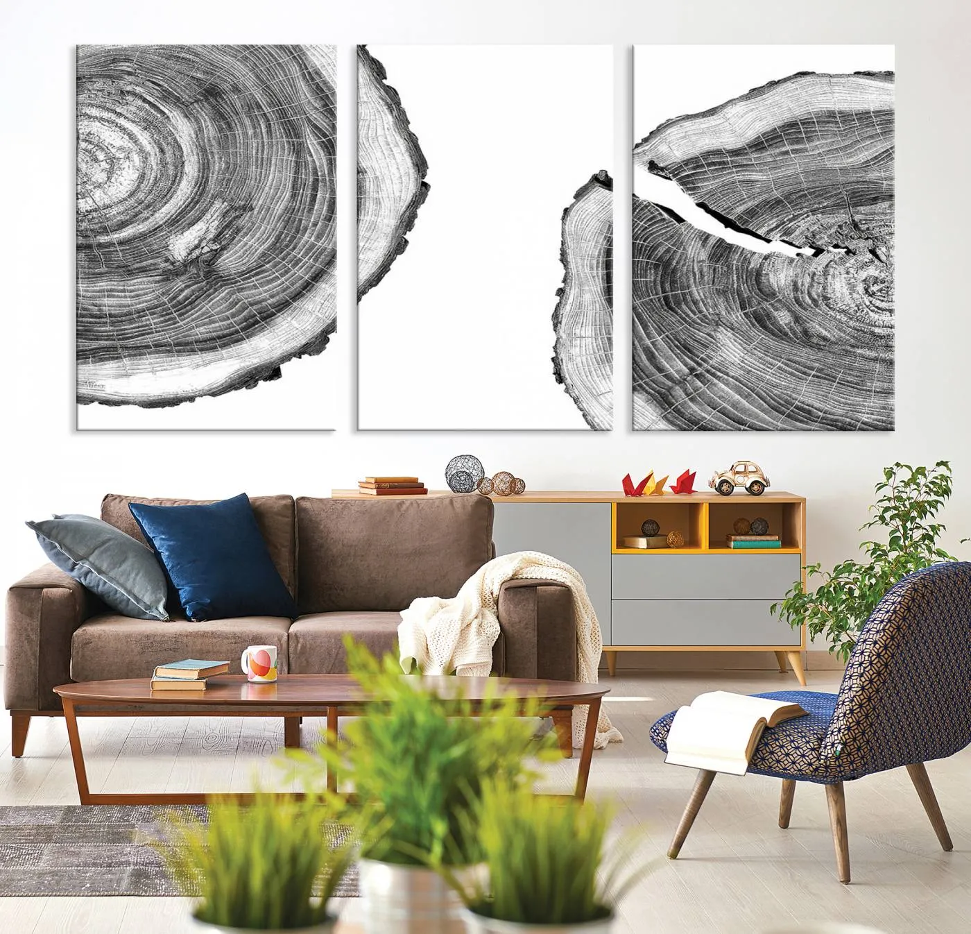 Abstract Large Tree Rings – Minimalist Black and White Wood Art | Triptych Canvas, Modern Wall Decor