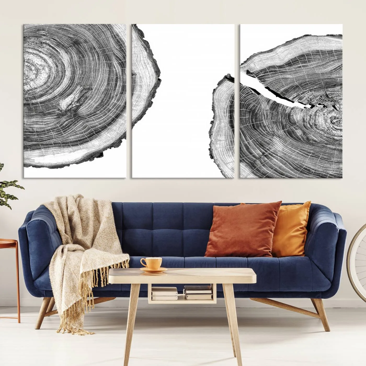 Abstract Large Tree Rings – Minimalist Black and White Wood Art | Triptych Canvas, Modern Wall Decor