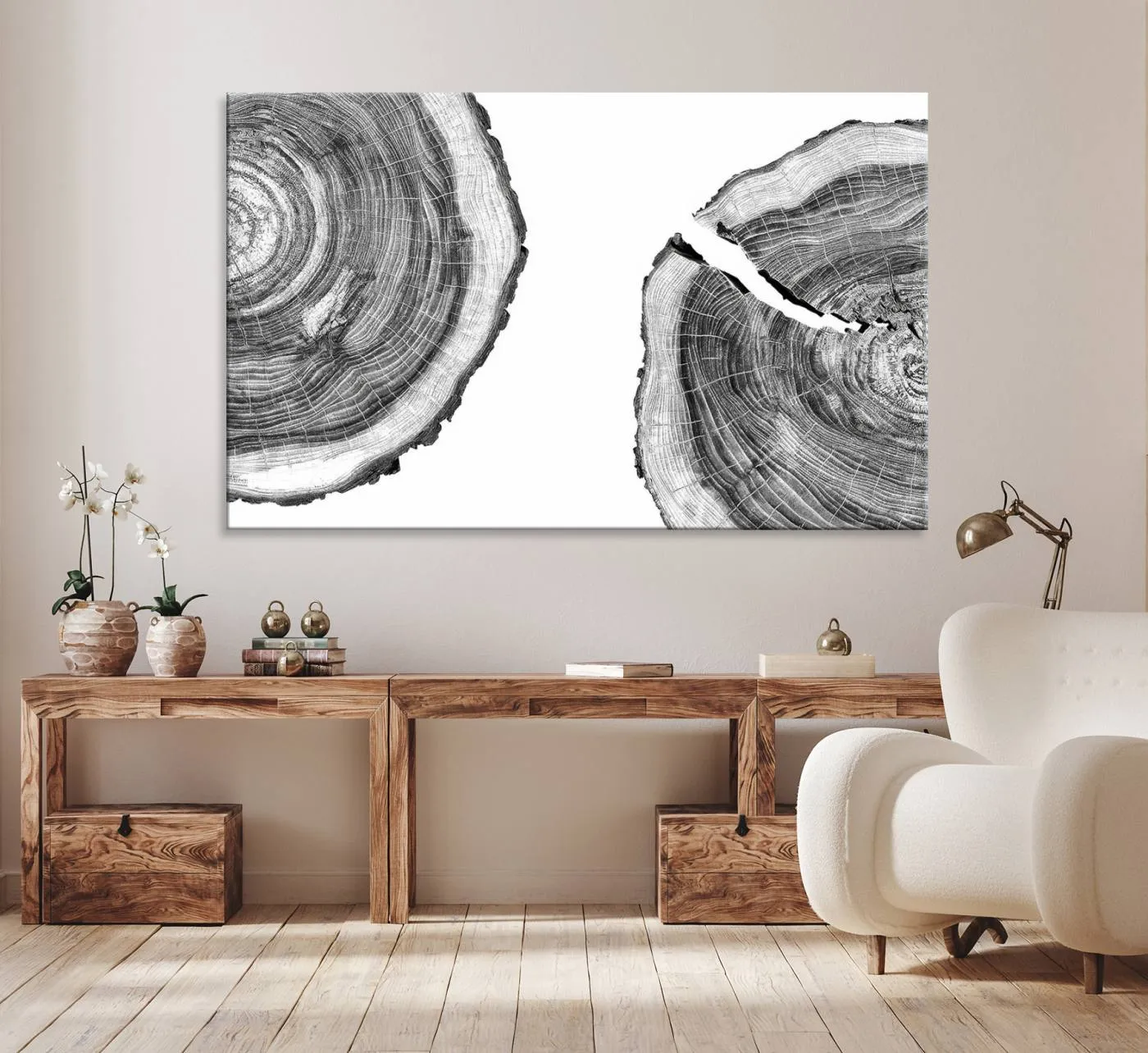 Abstract Large Tree Rings – Minimalist Black and White Wood Art | Triptych Canvas, Modern Wall Decor