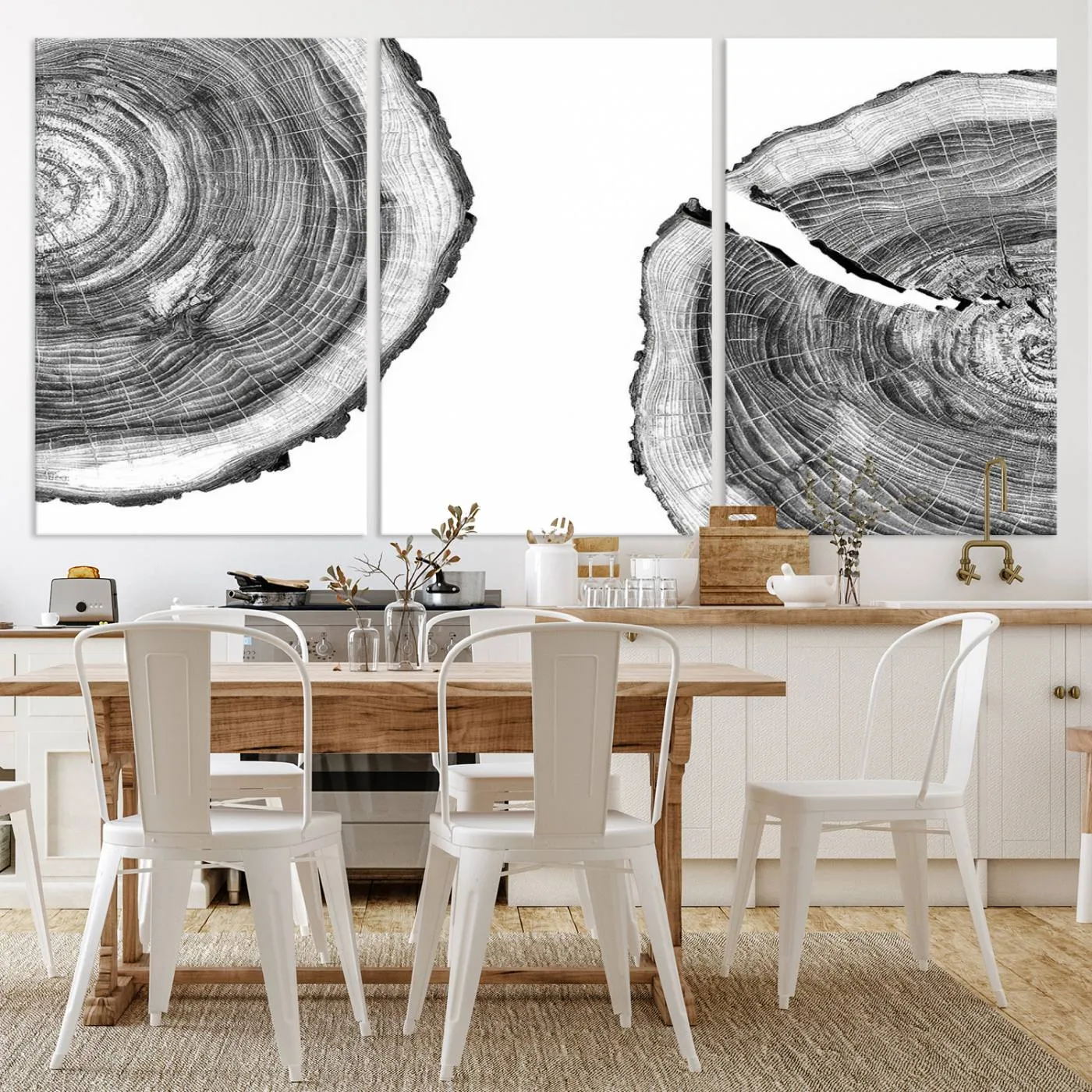 Abstract Large Tree Rings – Minimalist Black and White Wood Art | Triptych Canvas, Modern Wall Decor