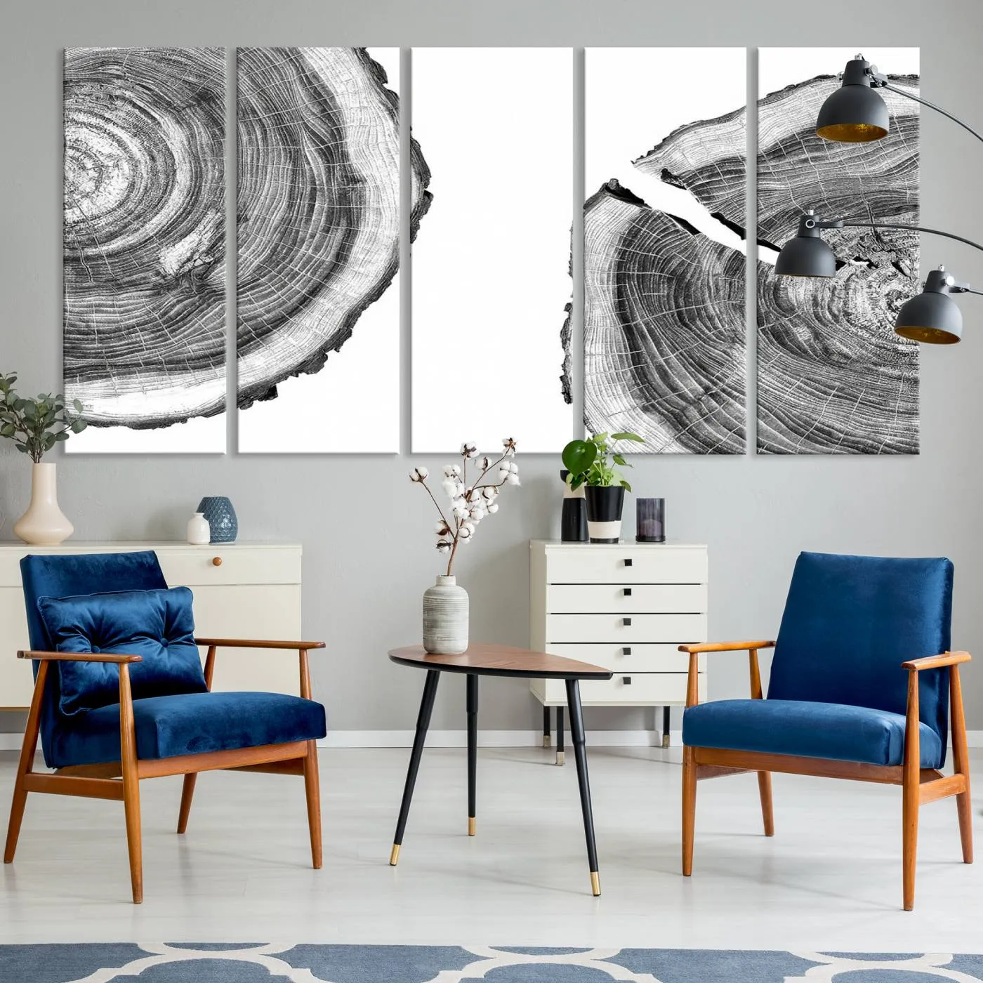 Abstract Large Tree Rings – Minimalist Black and White Wood Art | Triptych Canvas, Modern Wall Decor