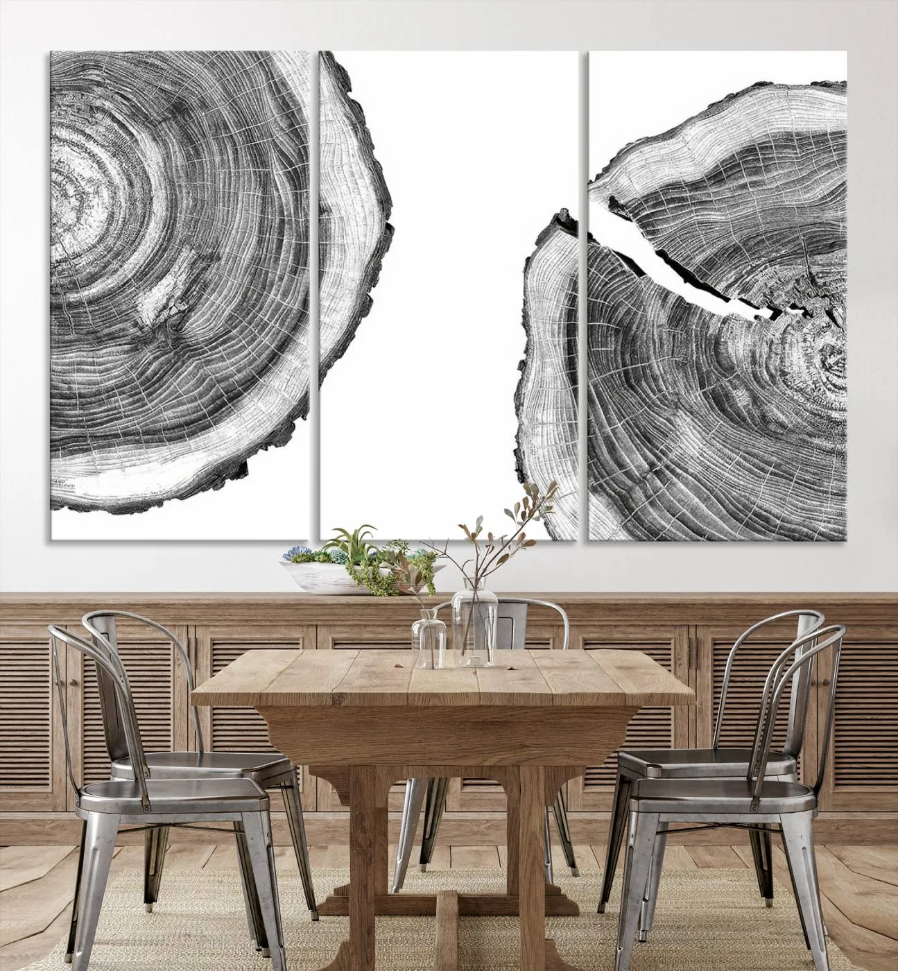 Abstract Large Tree Rings – Minimalist Black and White Wood Art | Triptych Canvas, Modern Wall Decor