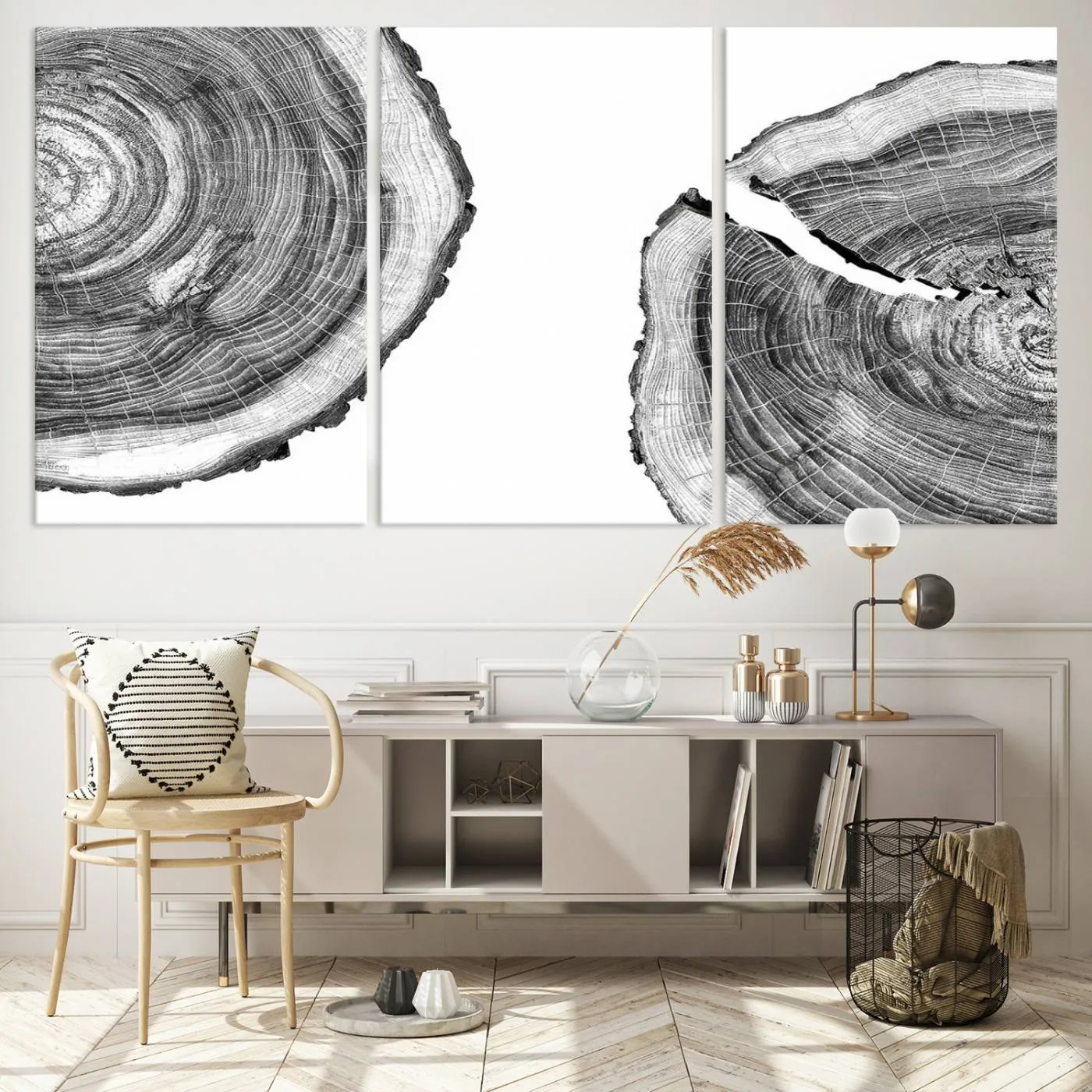 Abstract Large Tree Rings – Minimalist Black and White Wood Art | Triptych Canvas, Modern Wall Decor