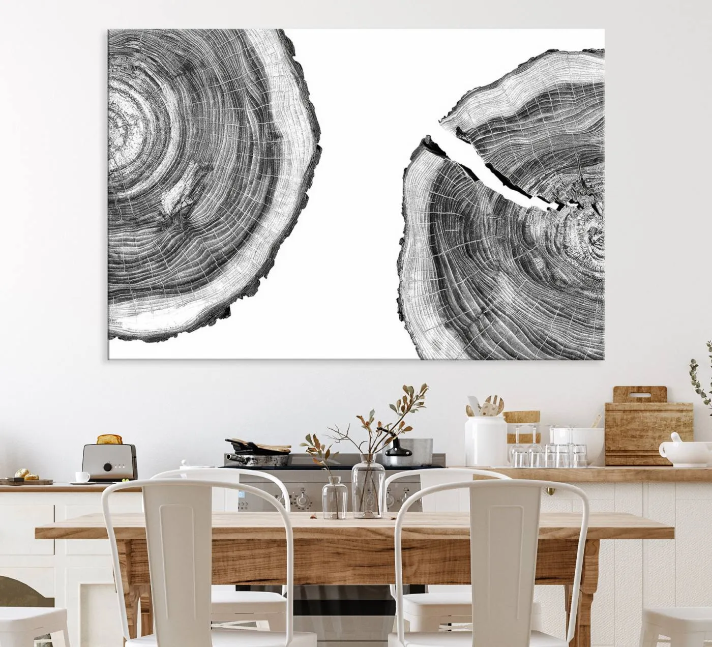 Abstract Large Tree Rings – Minimalist Black and White Wood Art | Triptych Canvas, Modern Wall Decor