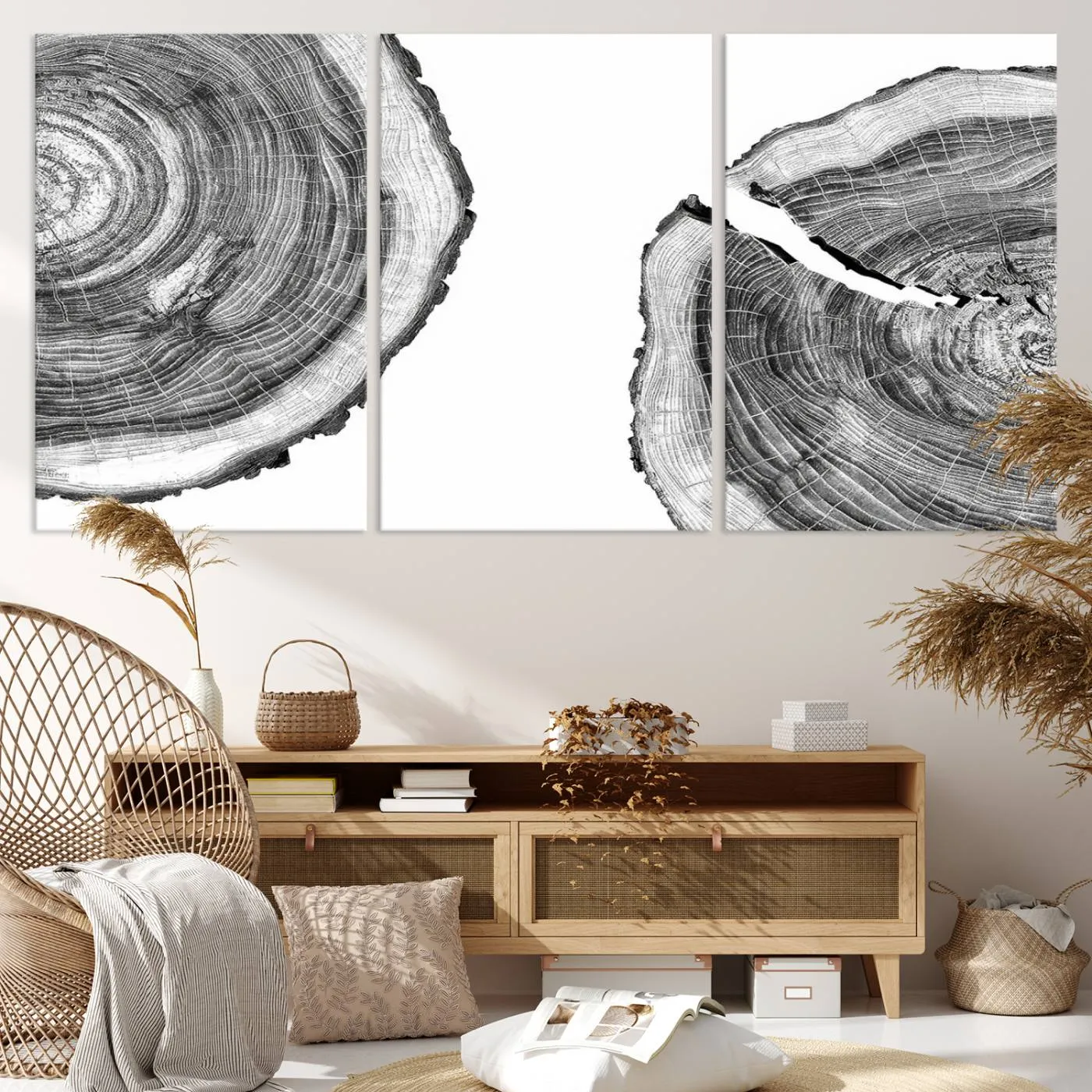 Abstract Large Tree Rings – Minimalist Black and White Wood Art | Triptych Canvas, Modern Wall Decor