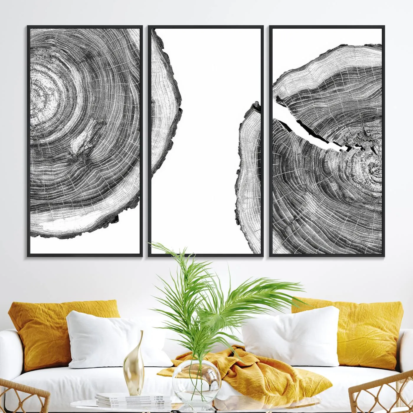 Abstract Large Tree Rings – Minimalist Black and White Wood Art | Triptych Canvas, Modern Wall Decor