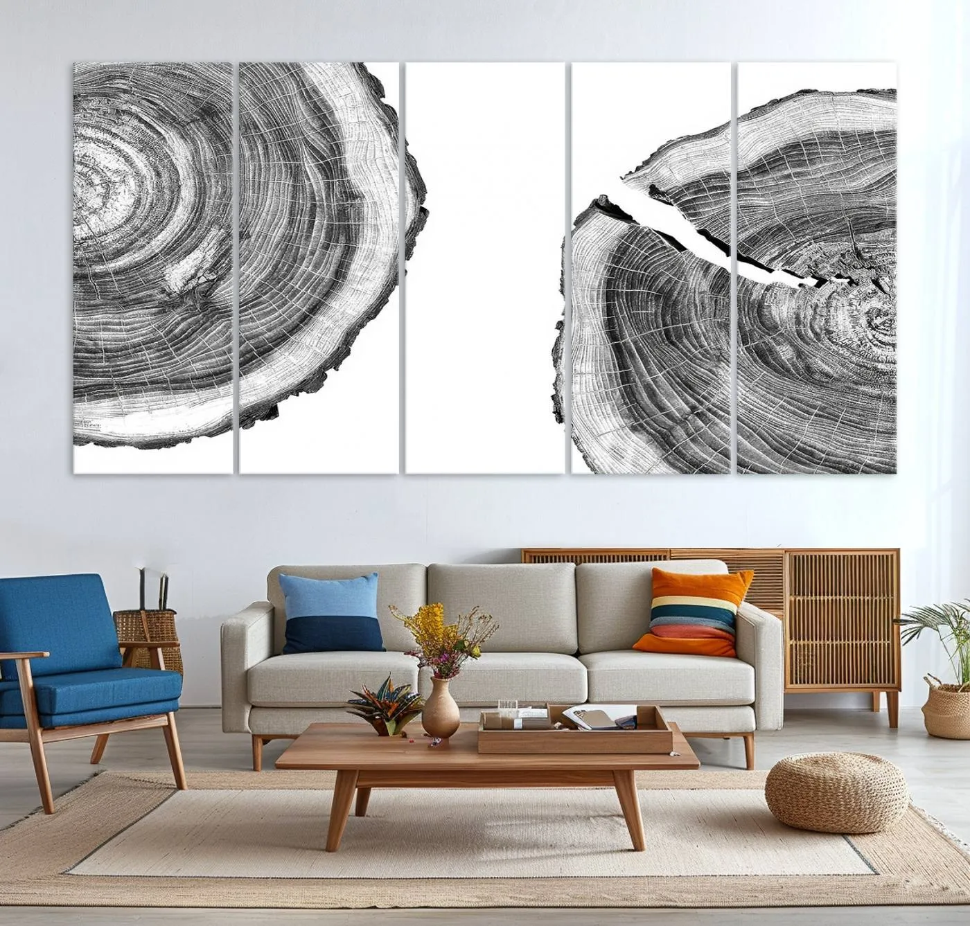 Abstract Large Tree Rings – Minimalist Black and White Wood Art | Triptych Canvas, Modern Wall Decor
