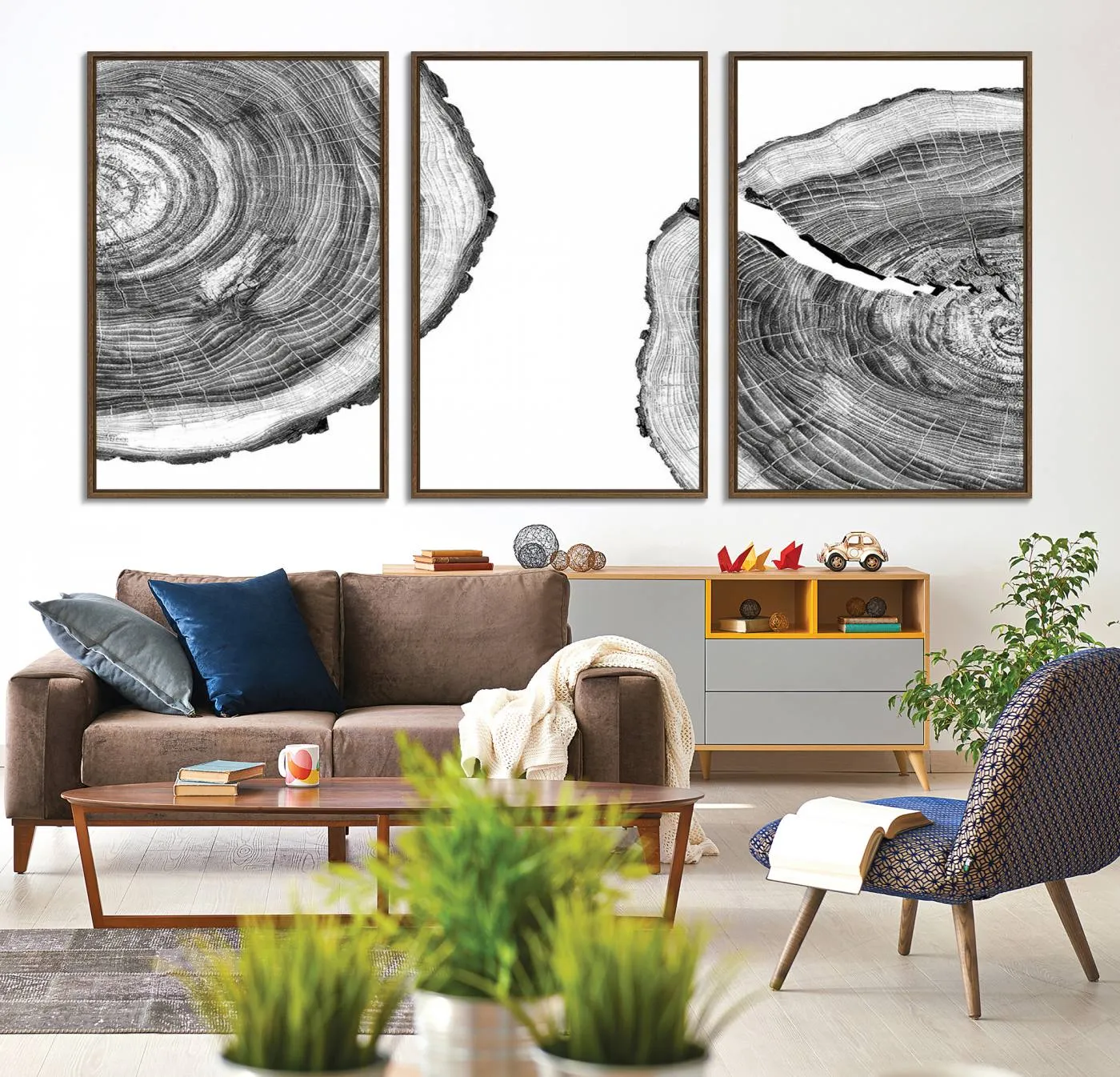 Abstract Large Tree Rings – Minimalist Black and White Wood Art | Triptych Canvas, Modern Wall Decor