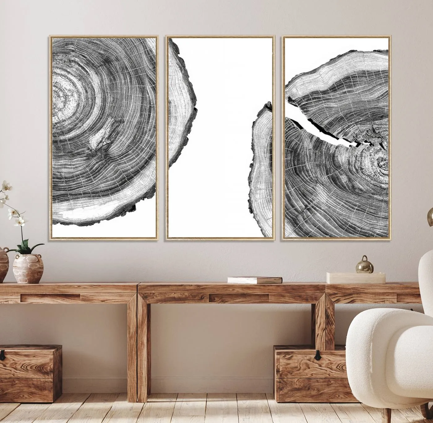 Abstract Large Tree Rings – Minimalist Black and White Wood Art | Triptych Canvas, Modern Wall Decor