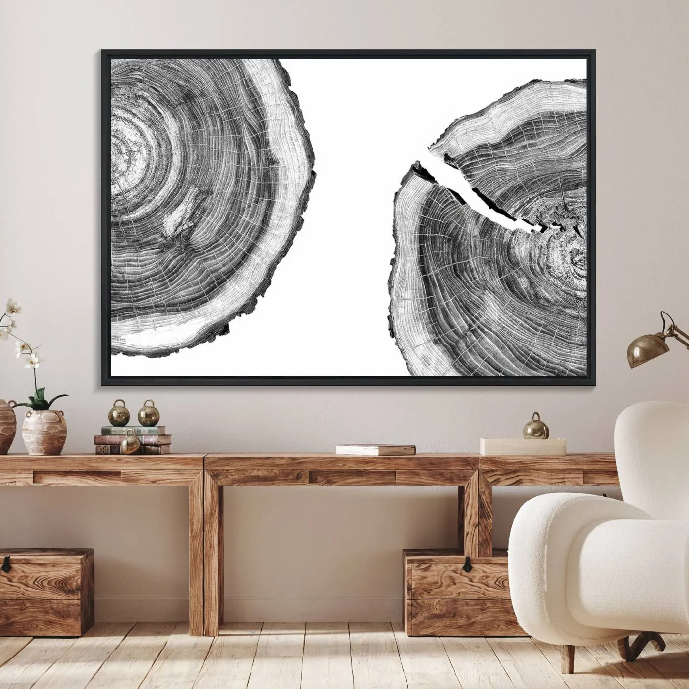 Abstract Large Tree Rings – Minimalist Black and White Wood Art | Triptych Canvas, Modern Wall Decor