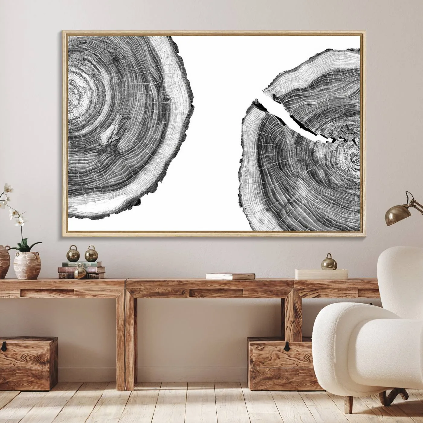 Abstract Large Tree Rings – Minimalist Black and White Wood Art | Triptych Canvas, Modern Wall Decor