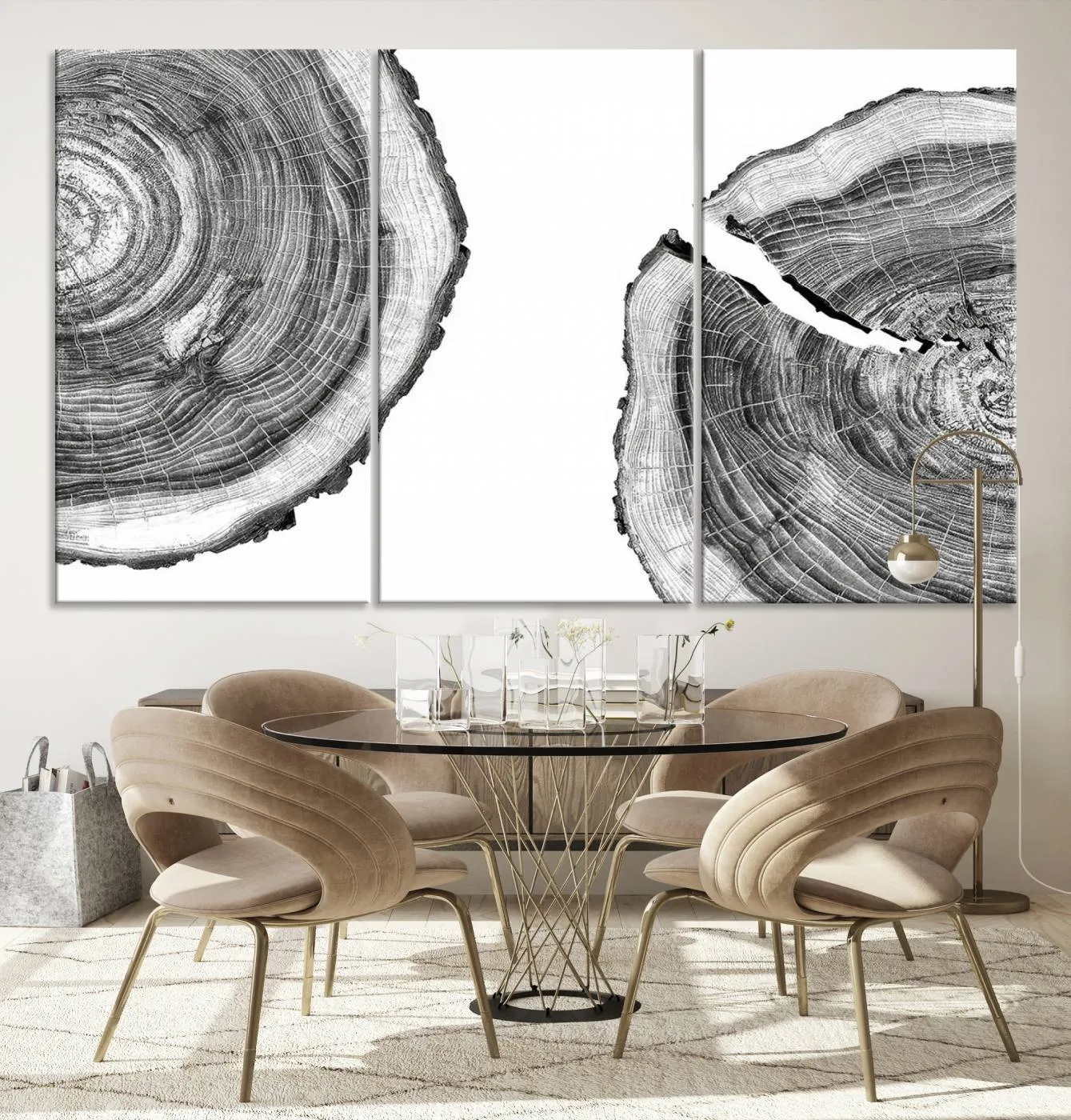 Abstract Large Tree Rings – Minimalist Black and White Wood Art | Triptych Canvas, Modern Wall Decor