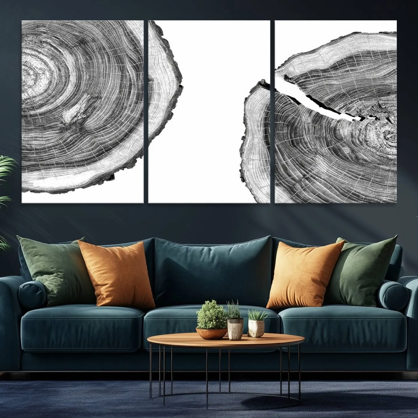 Abstract Large Tree Rings – Minimalist Black and White Wood Art | Triptych Canvas, Modern Wall Decor