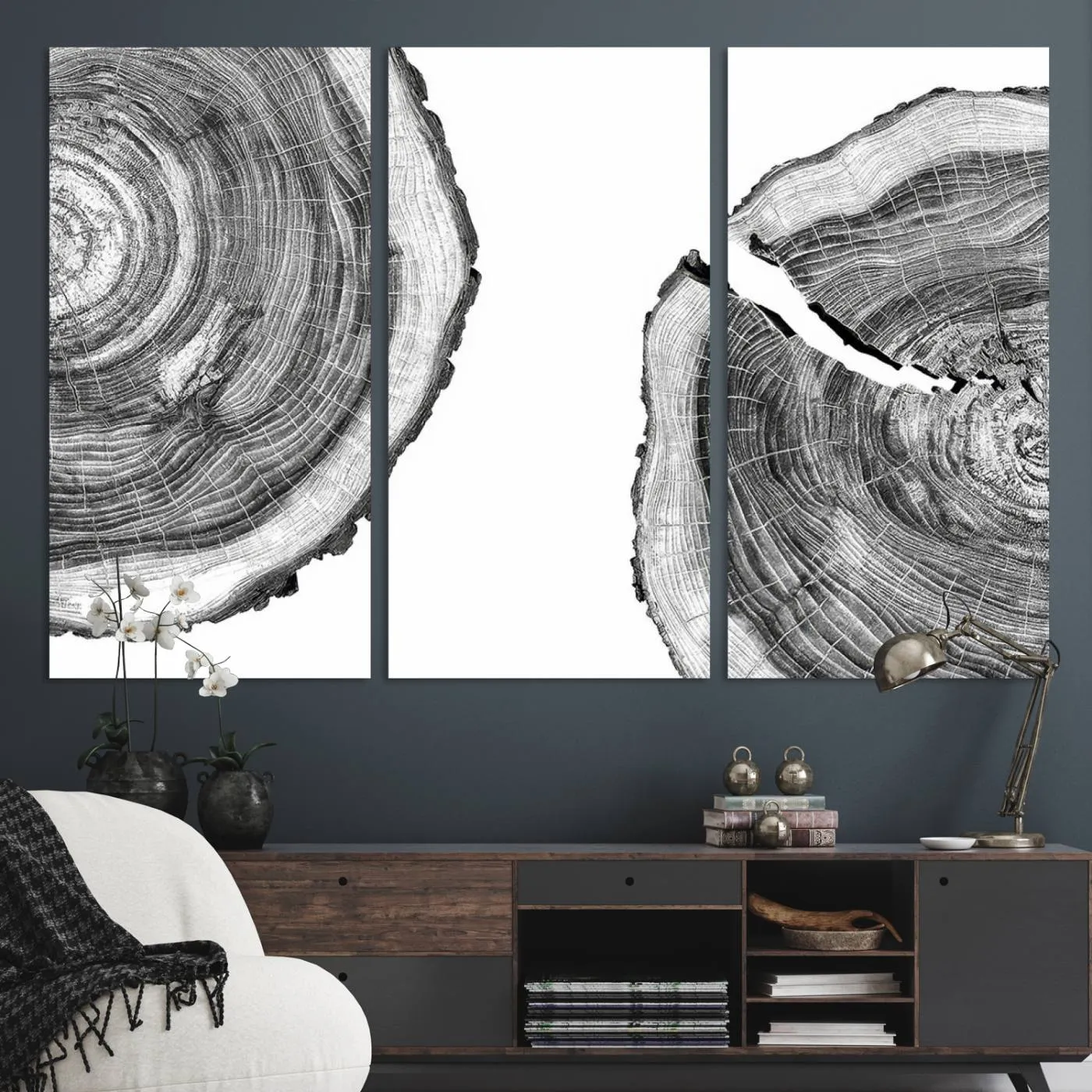 Abstract Large Tree Rings – Minimalist Black and White Wood Art | Triptych Canvas, Modern Wall Decor