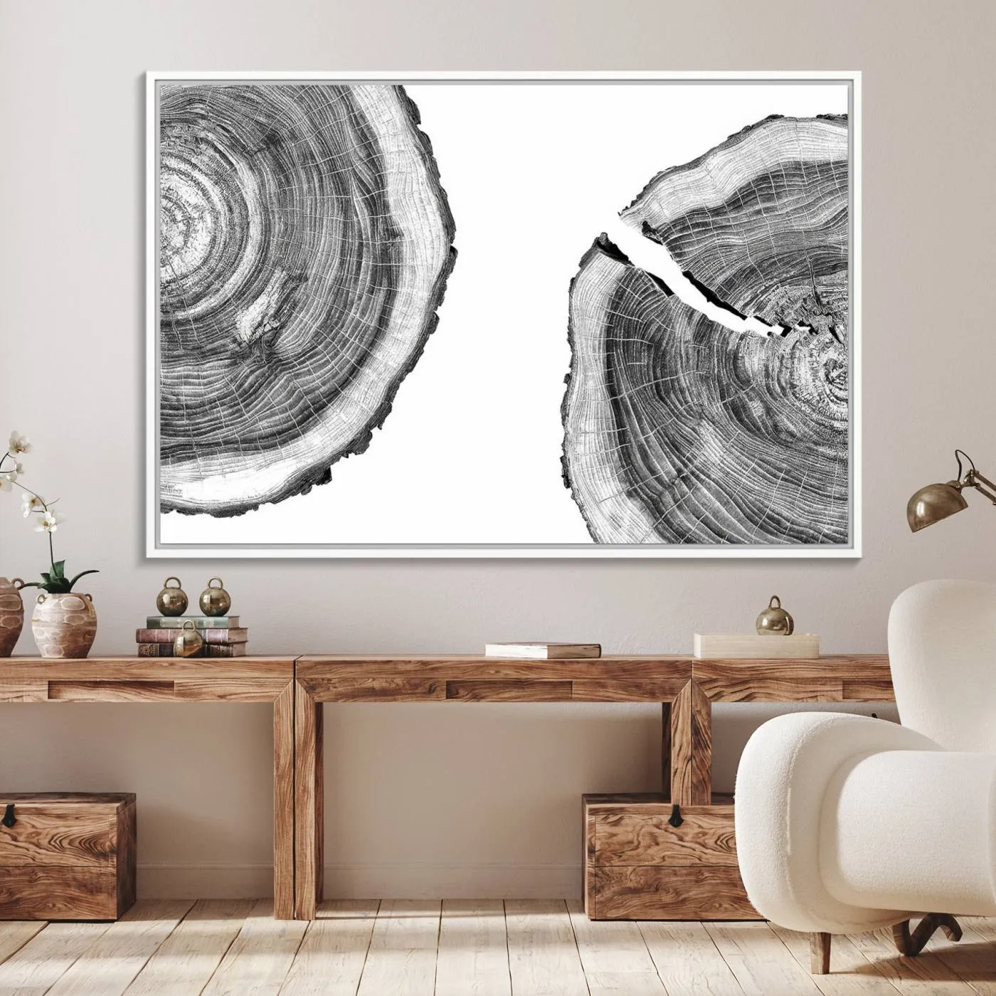 Abstract Large Tree Rings – Minimalist Black and White Wood Art | Triptych Canvas, Modern Wall Decor