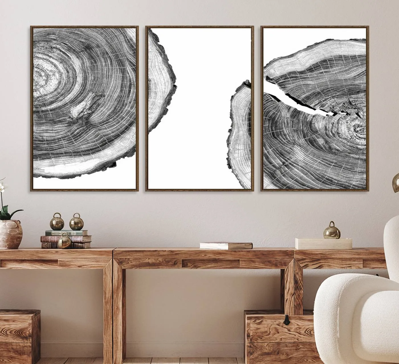 Abstract Large Tree Rings – Minimalist Black and White Wood Art | Triptych Canvas, Modern Wall Decor