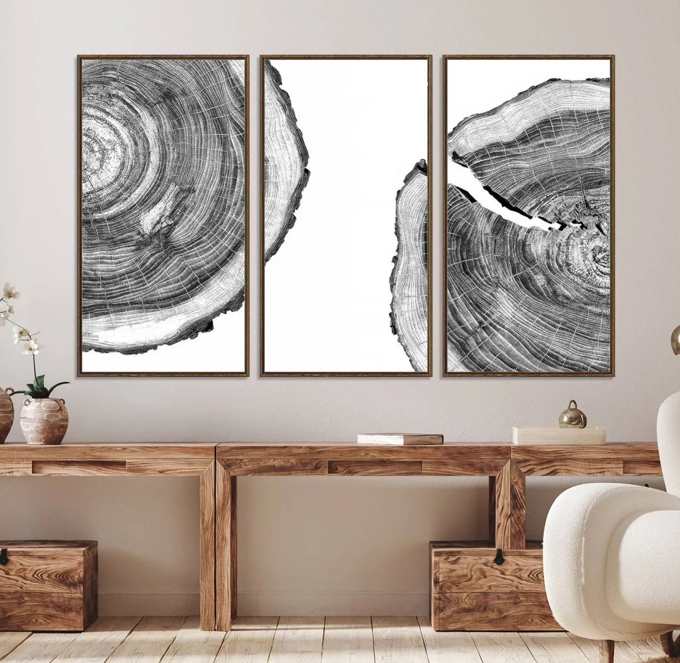 Abstract Large Tree Rings – Minimalist Black and White Wood Art | Triptych Canvas, Modern Wall Decor